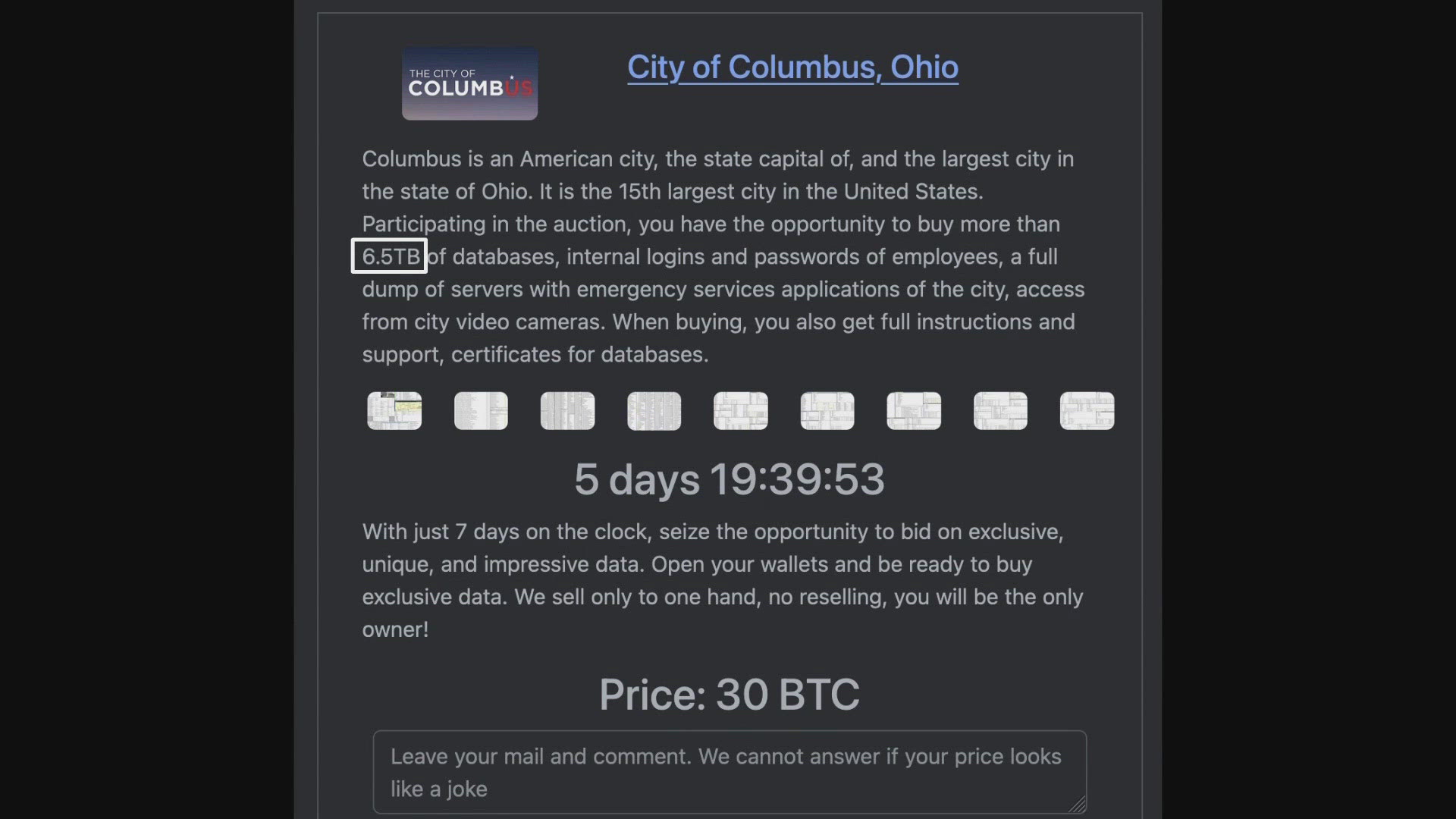 The hacker group that claimed responsibility for the Columbus ransomware attack last month has begun leaking the city's data on the dark web.