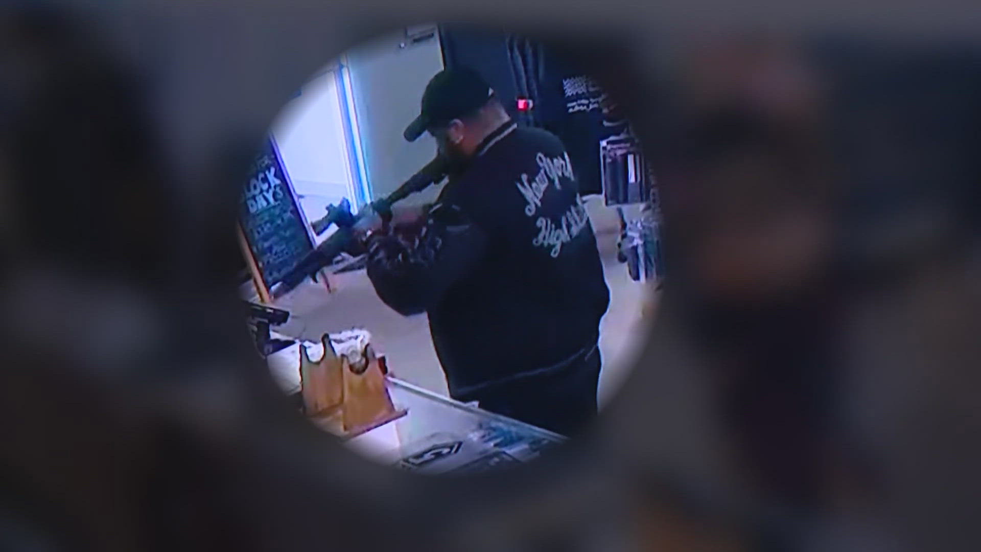 Surveillance video from inside the LEPD gun shop shows Jaye and his wife walk in, both trying to buy guns.