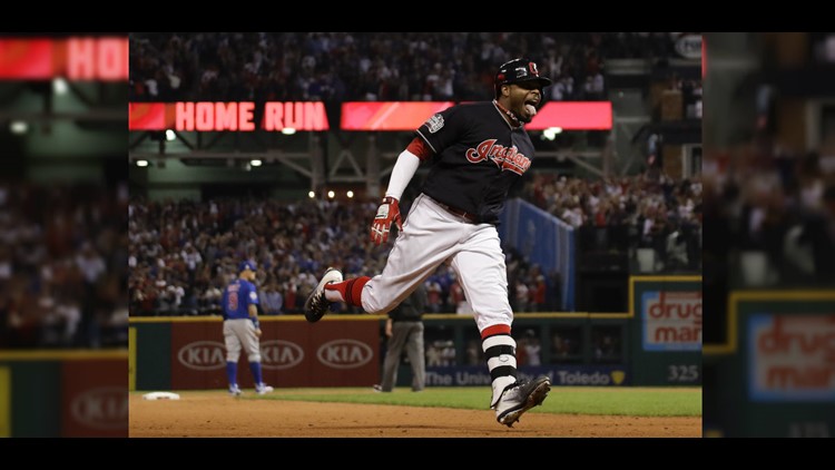 Rajai Davis of the Cleveland Indians hits a two-run home run