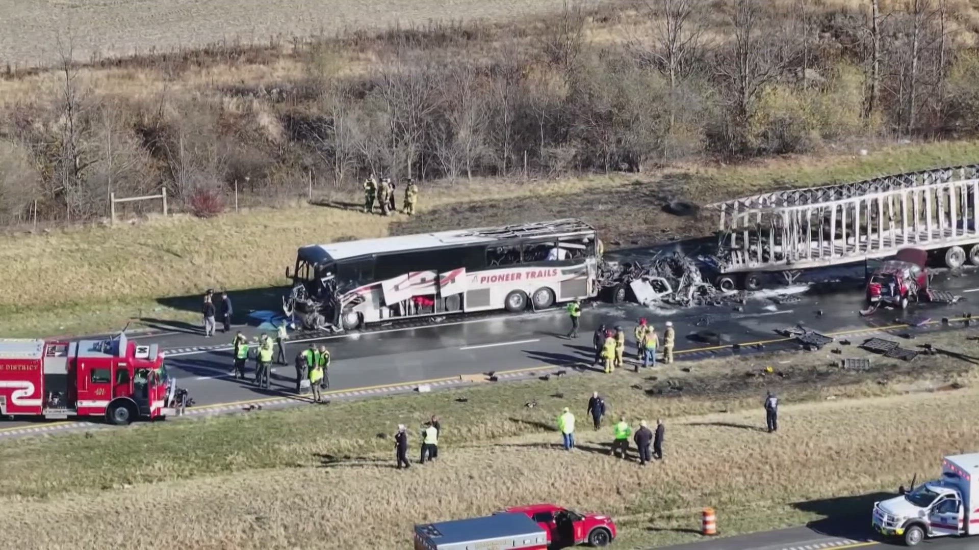 Six people died and 18 others were injured when a semi smashed into an SUV and a charter bus on Interstate 70 in Licking County.