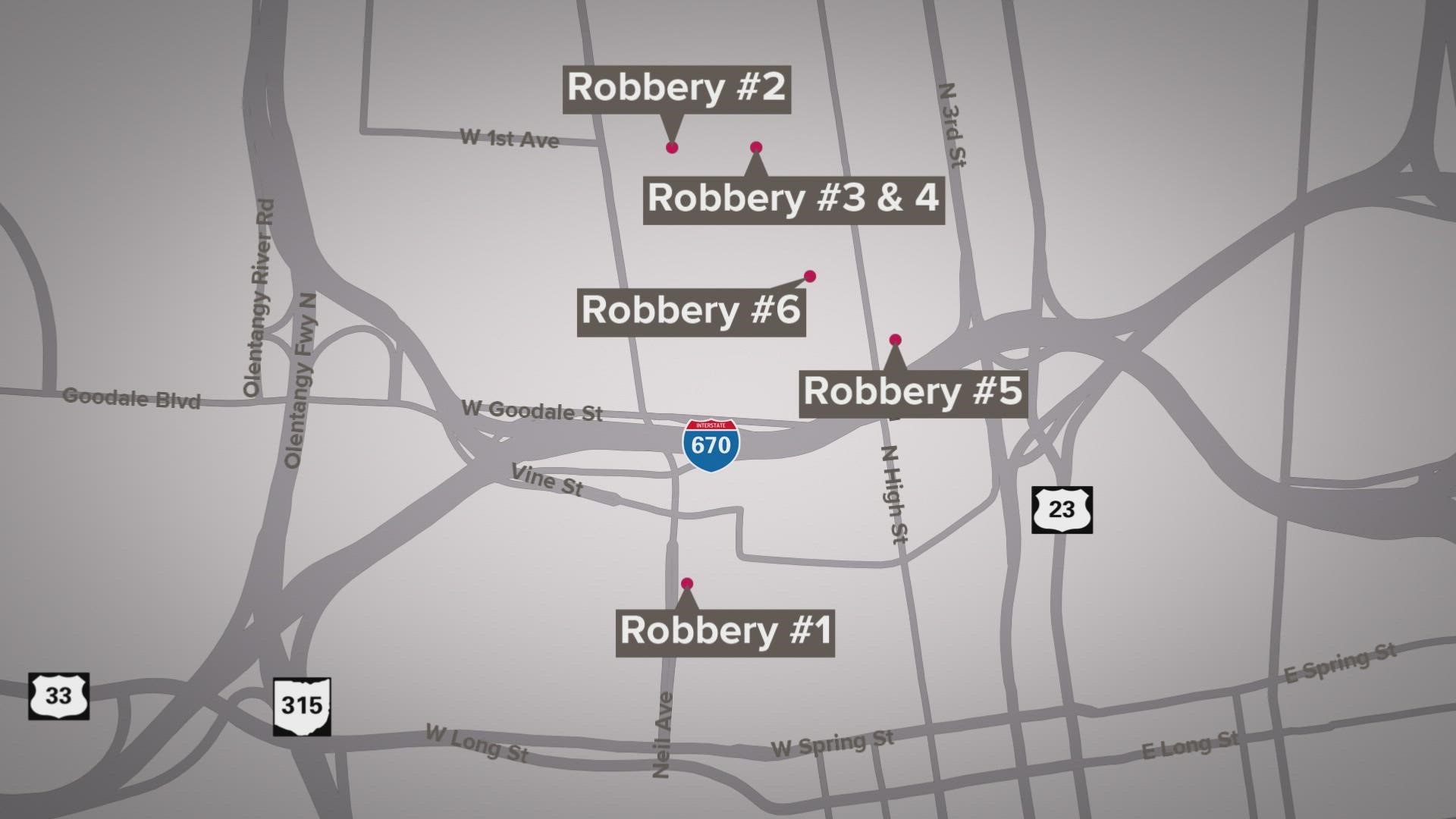 The robberies took place between 11 p.m. Friday and 3 a.m. Saturday, according to police.