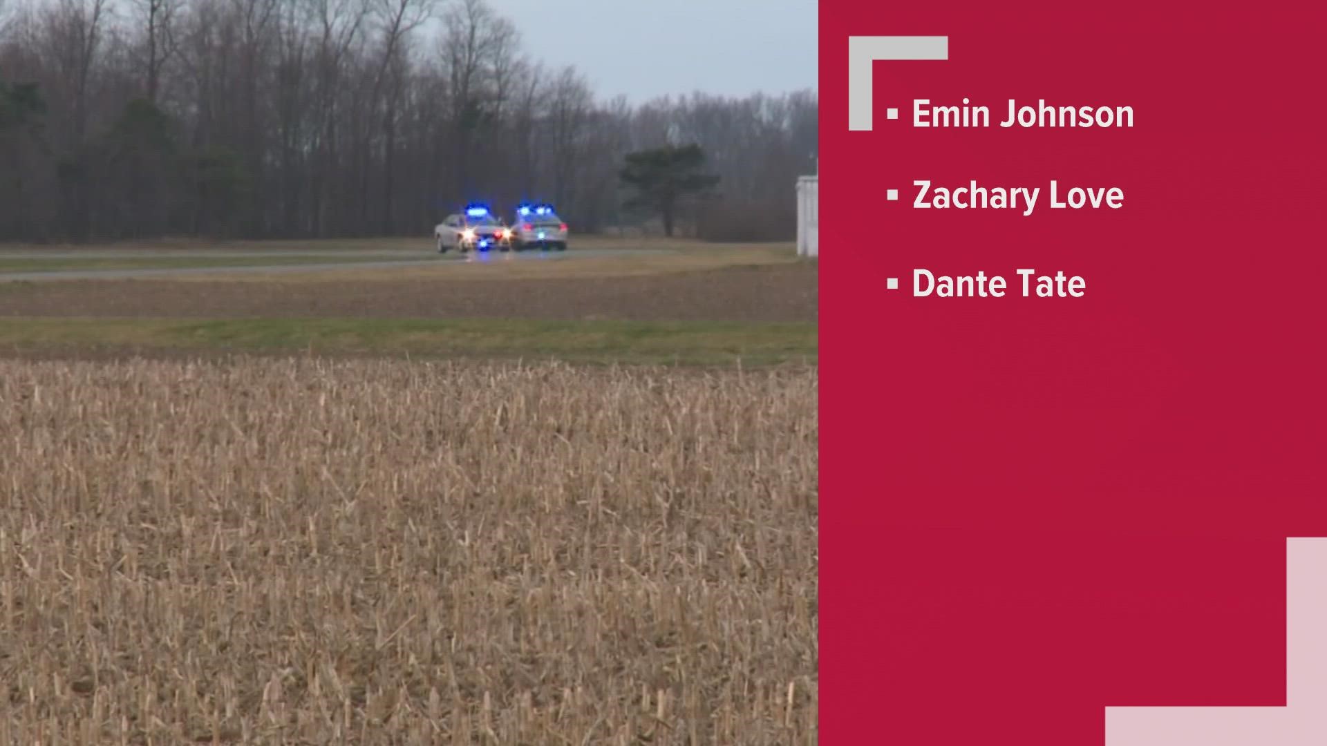 The suspects involved in the pursuit are 20-year-old Emin Johnson, 21-year-old Zachary Love and 19-year-old Dante Tate.