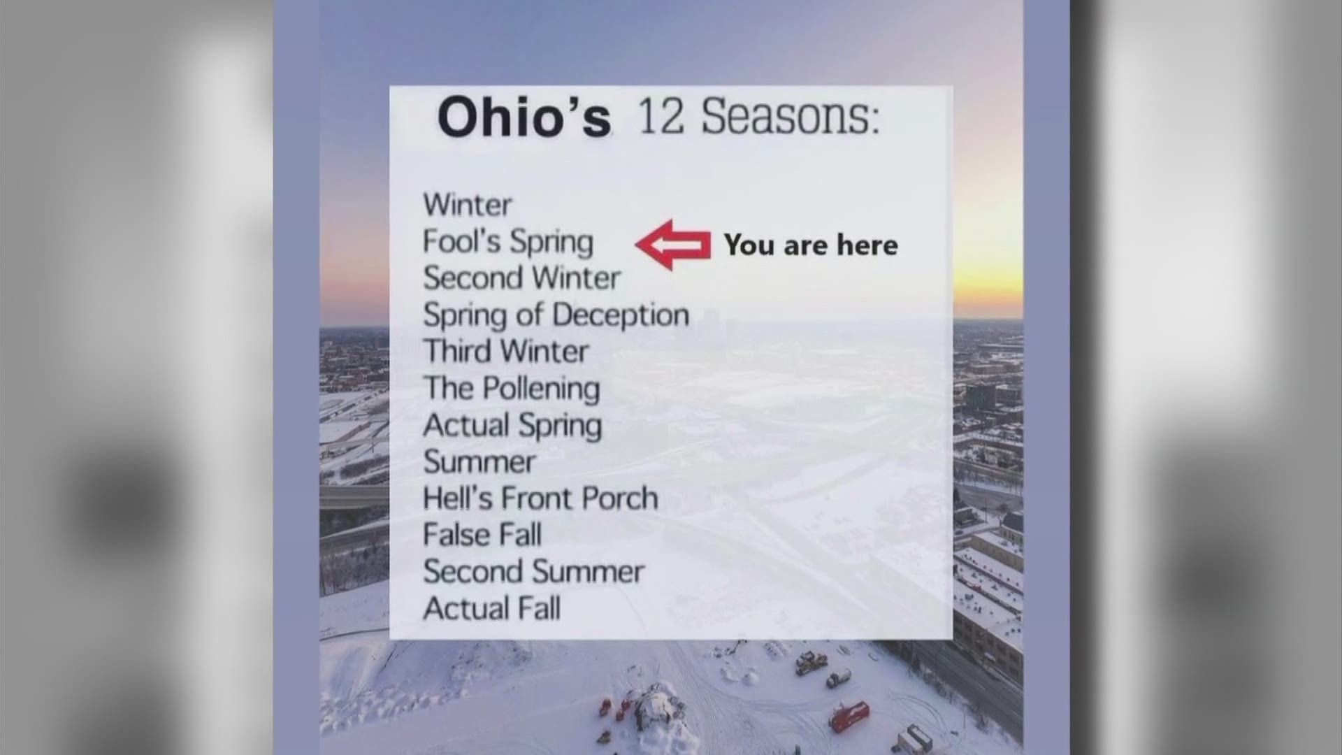 A popular meme says Ohio has 12 seasons, including Fool's Spring, False Fall and The Pollening.