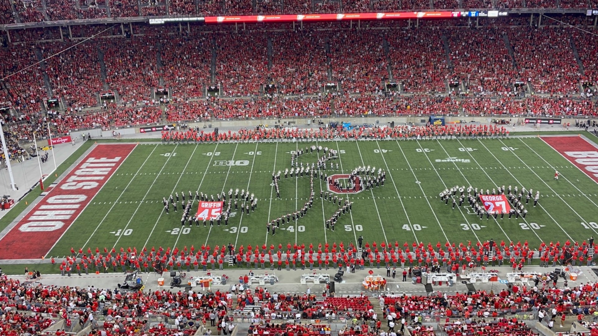The Alumni Band joined The Best Damn Band In The Land to take the fans through a Horseshoe history lesson during halftime of the Ohio State-Toledo game.