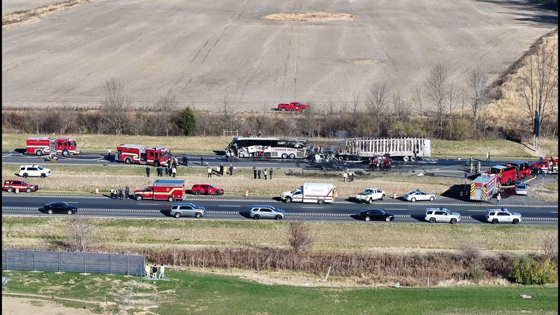 Drone video shows aftermath of fiery Licking County crash involving