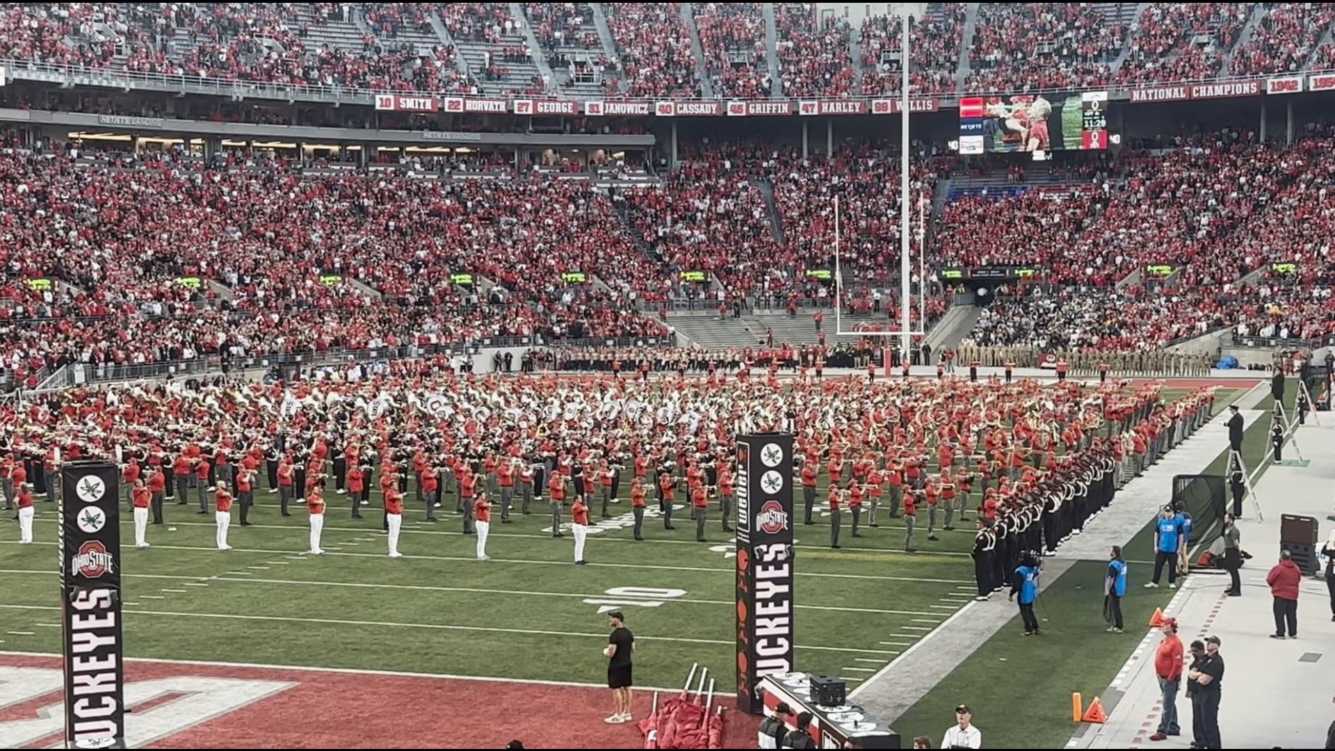 The Alumni Band joined TBDBITL on the field ahead of the Ohio State-Western Michigan game on Saturday.