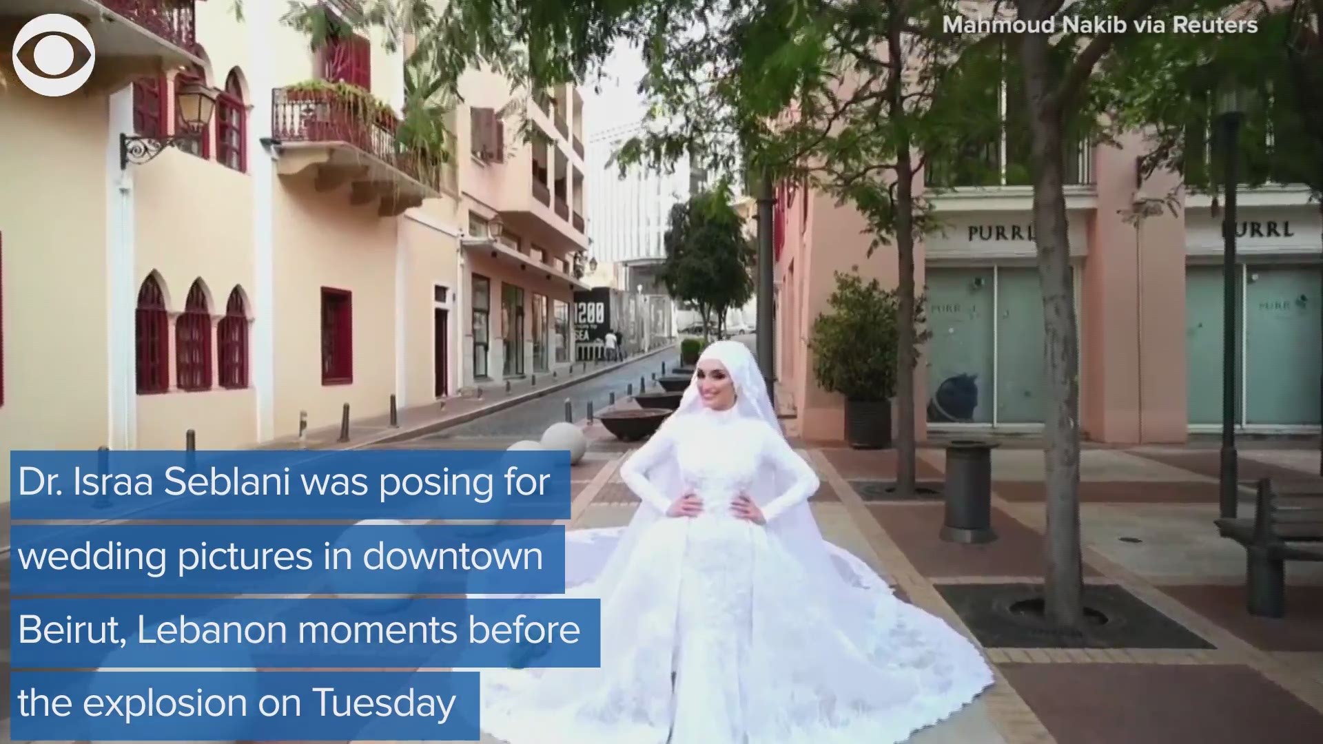 A bride posing for photos in Beirut, Lebanon on Tuesday, was sent running by the blast that rocked the city. Watch the dramatic moment caught on camera.