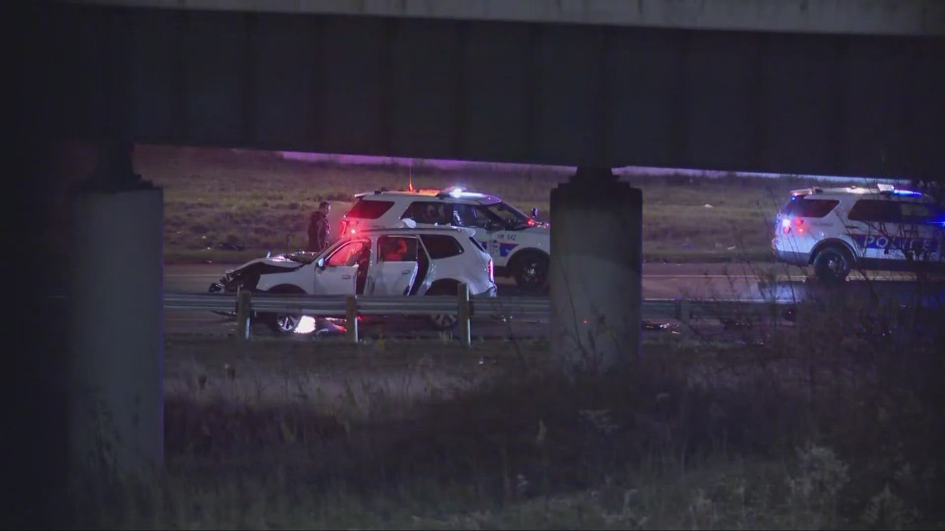 The Columbus Division of Police is searching for two suspects who were involved in a crash involving multiple vehicles including a stolen Kia on Wednesday.