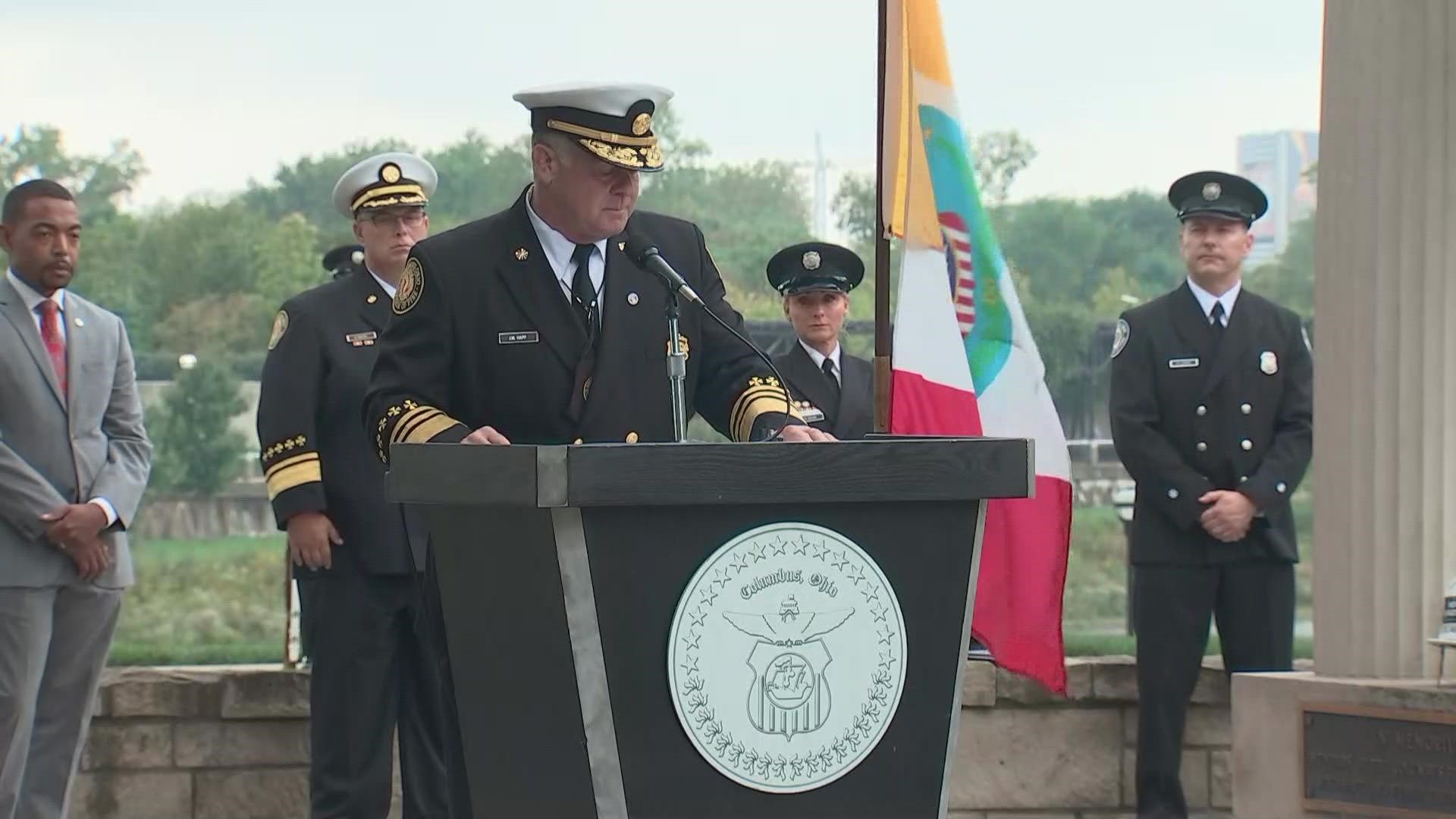 Fire Chief Jeff Hapa delivers remarks to honor the men and women who committed their lives to the Columbus Division of Fire.