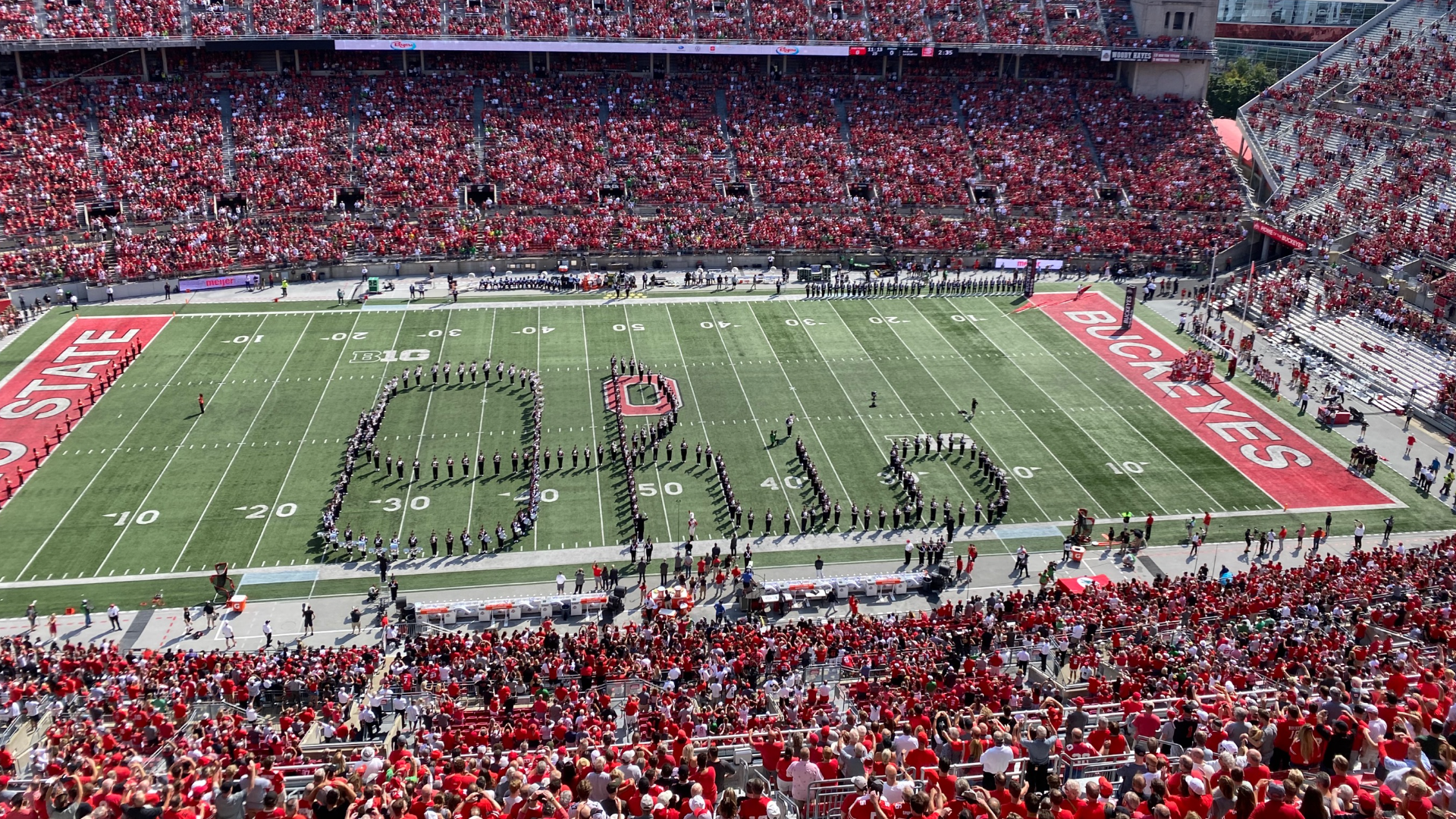 The Ohio State University Marching Band, AKA The Best Damn Band in the Land, performs Script Ohio during pregame of the home opener against Oregon.