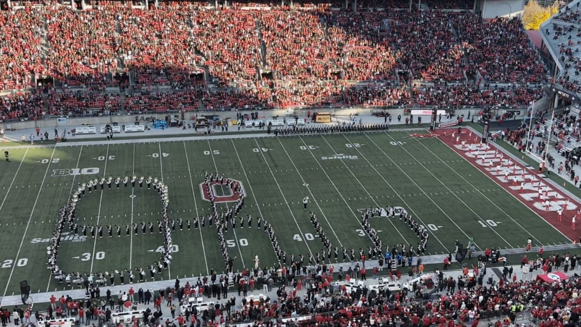 The Ohio State University Marching Band performs "Script Ohio" for the last time of the 2023 season.