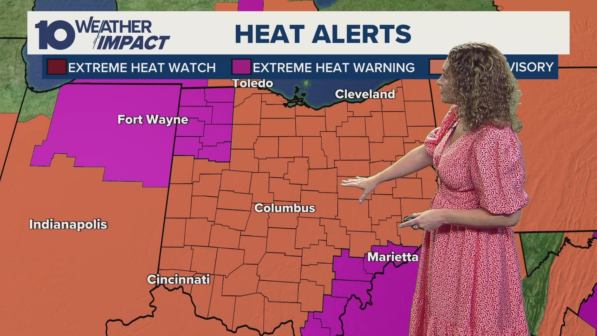 Today:  Mostly sunny, breezy, hot and humid again. Isolated showers and storms. High 97. Heat index low 100s.