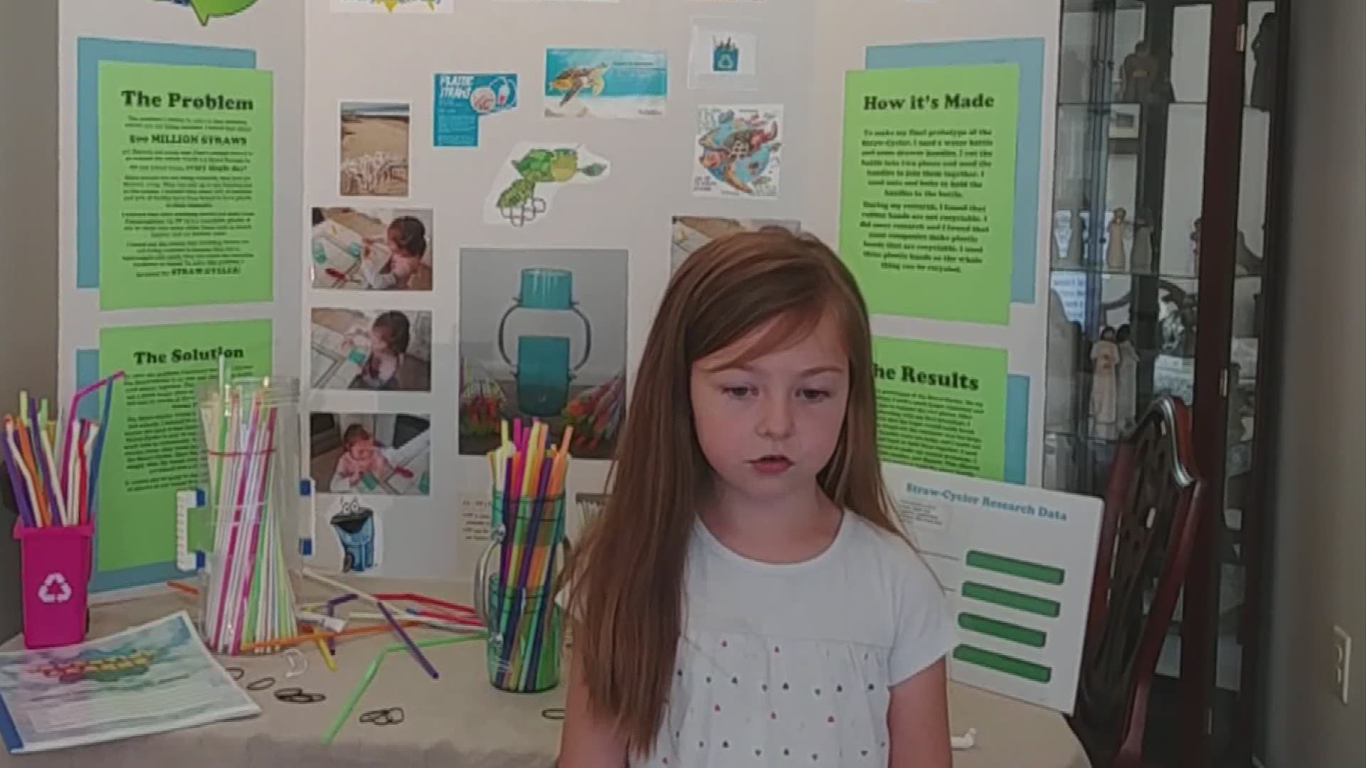 Third-grader Grace Rhodes shares her invention that helps recycle plastic straws.