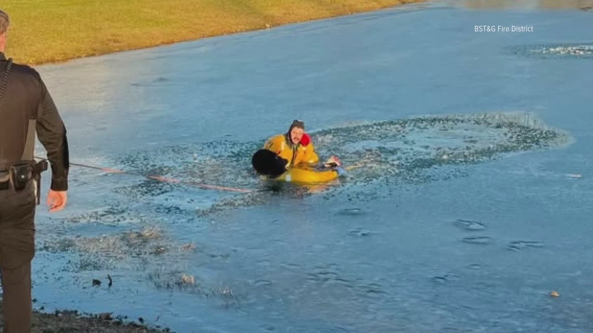 A child was rescued Sunday afternoon after falling through an icy retention pond near Sunbury.