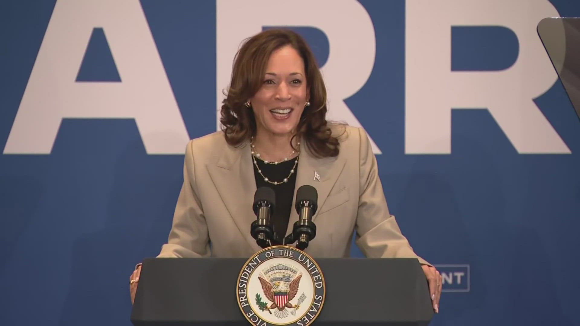 In her first public remarks since President Joe Biden endorsed her to take over the 2024 White House campaign, Vice President Kamala Harris praised his legacy.