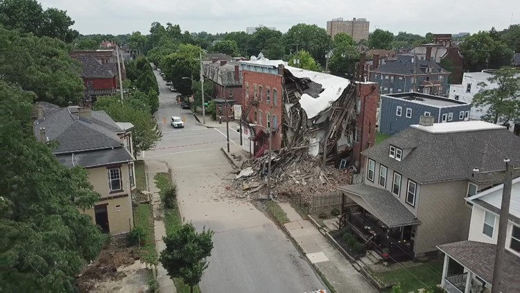 Drone video shows partial building collapse in Columbus