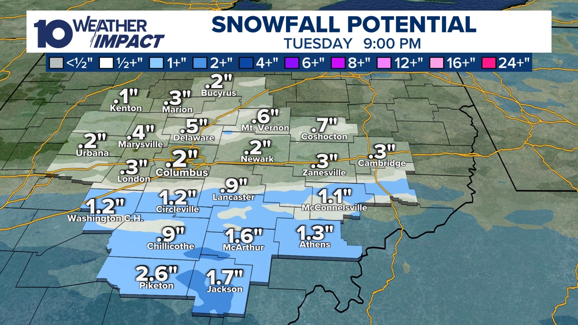 Potential snow accumulation for the system moving through on Tuesday.