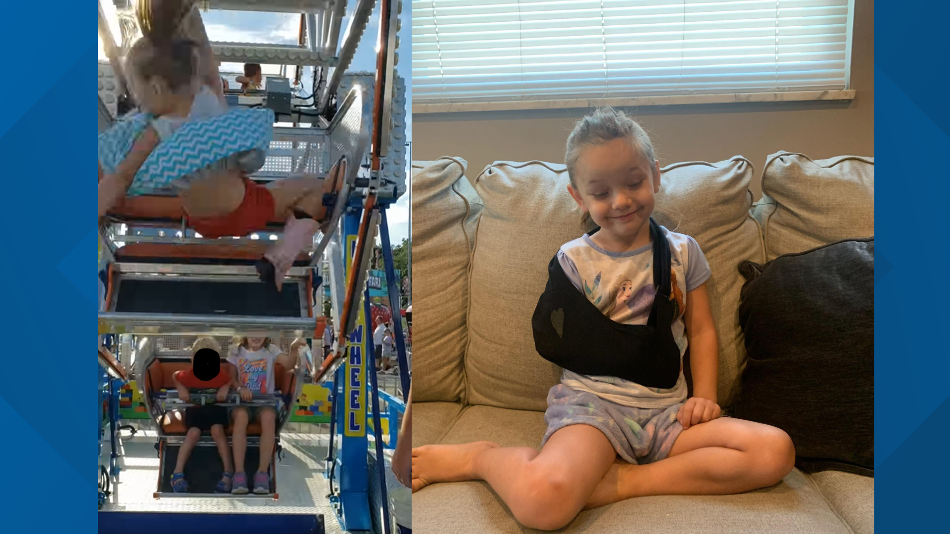 Faith Cahill, 4, suffered a broken collarbone and bruises after falling several feet from a festival ride on Sunday.
