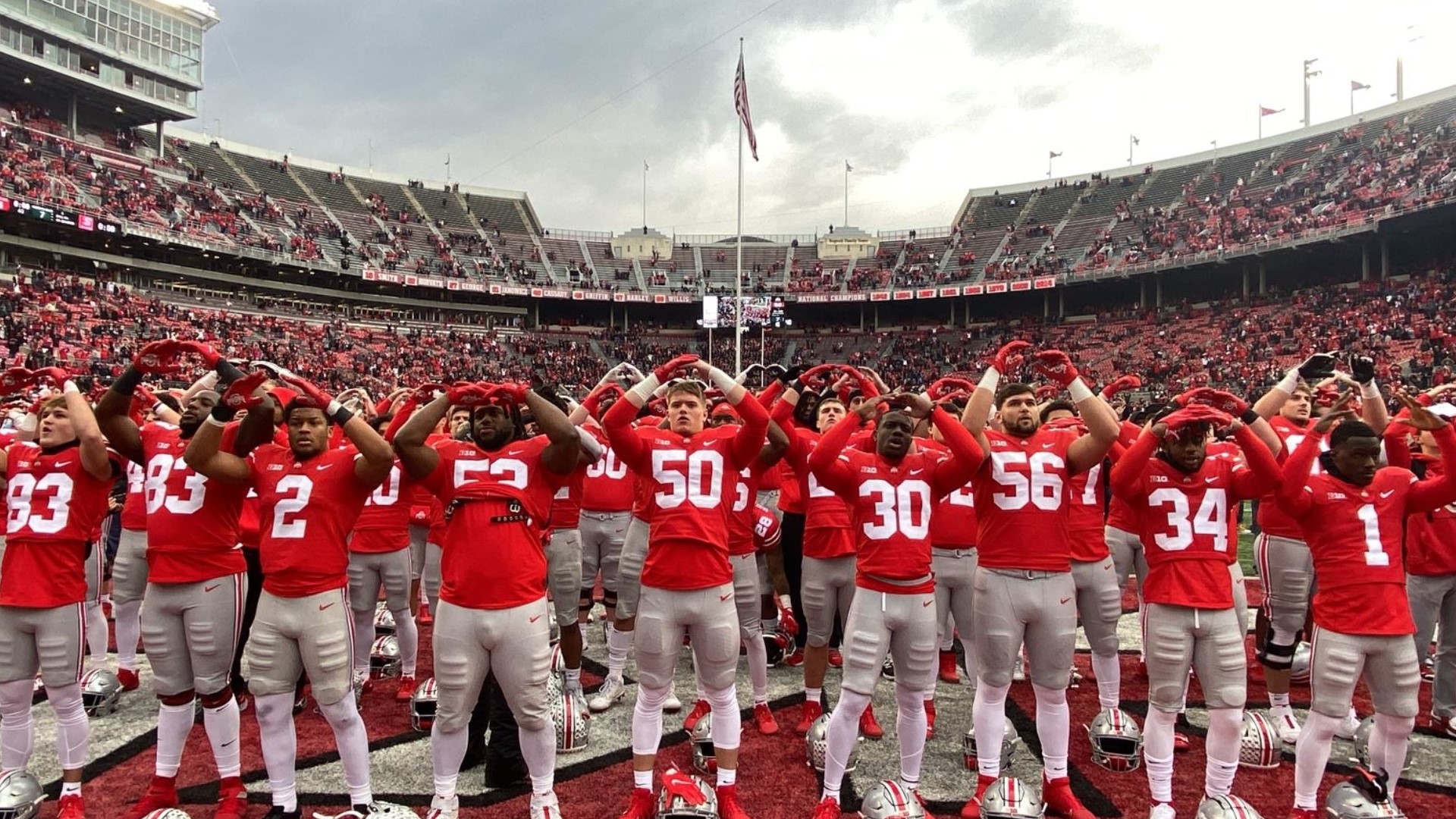 The Ohio State Buckeyes sing ‘Carmen Ohio’ in the south end of The ‘Shoe after the team’s 56-7 win over Michigan State.