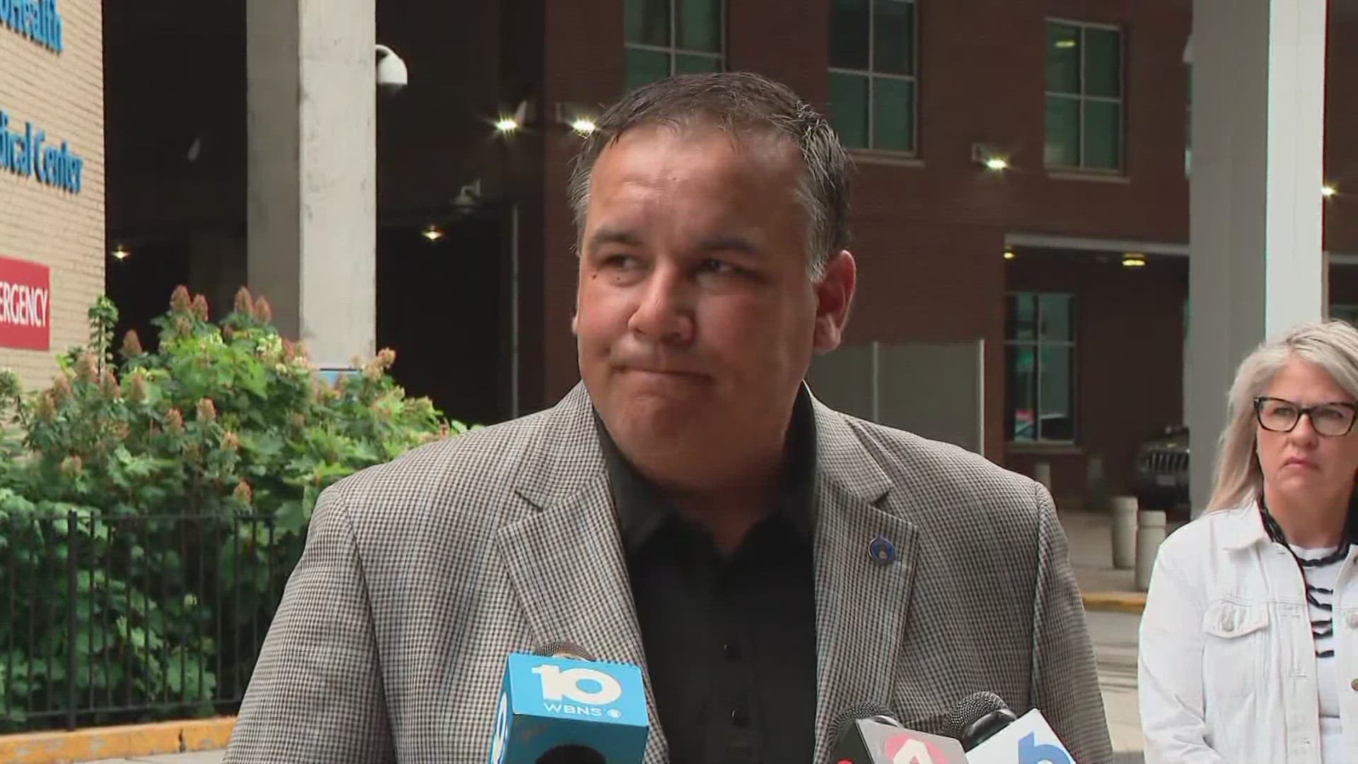 Mayor Andrew Ginther and other city leaders are speaking a day after an officer was shot following a robbery and police pursuit in Columbus.