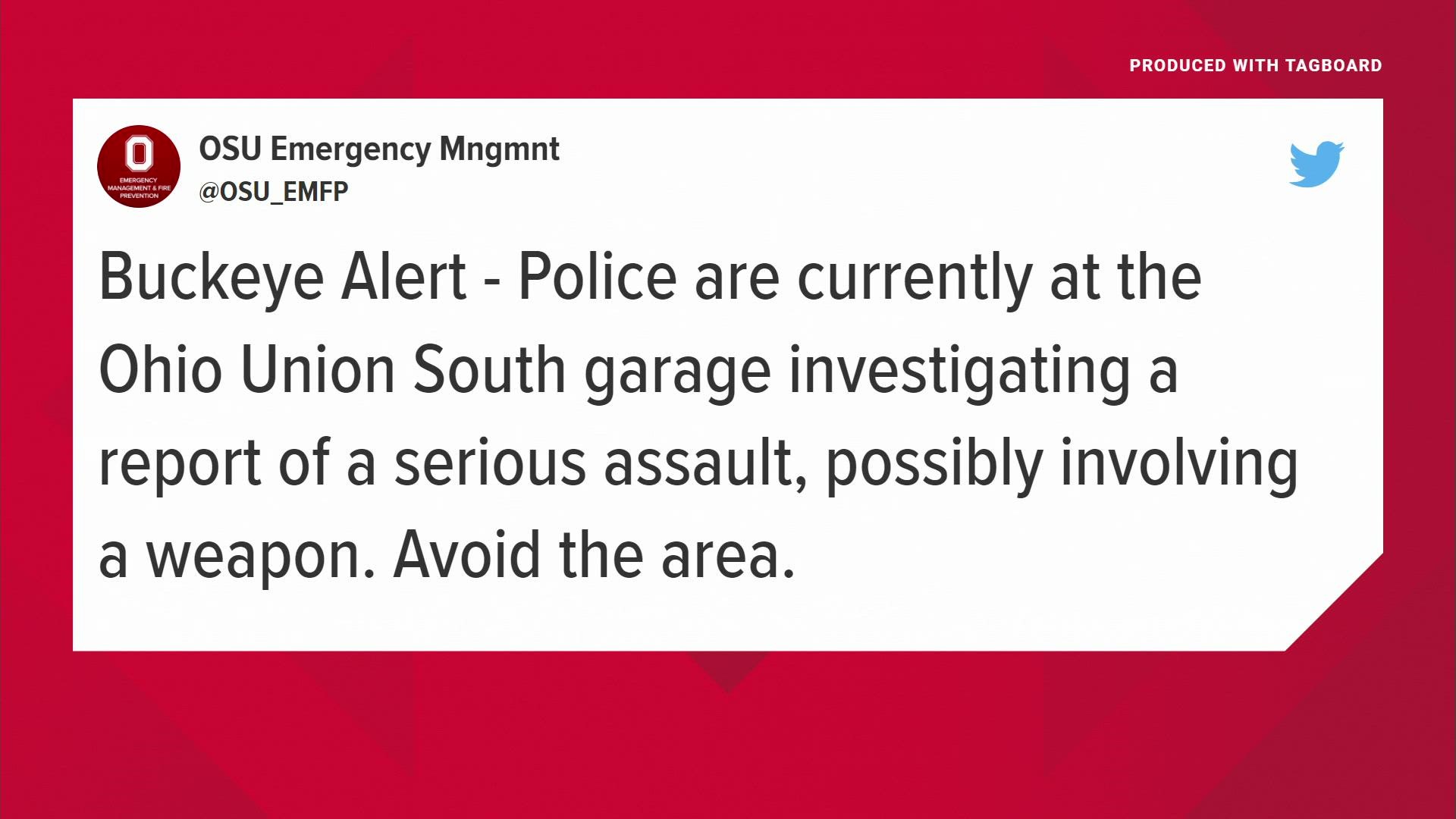 OSU Emergency Management sent out an alert Saturday morning after a stabbing was reported near the Ohio Union South garage.