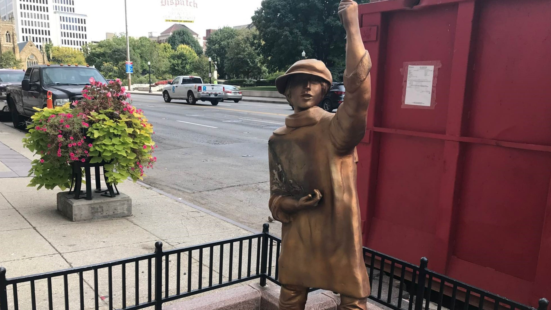 The statue was dedicated in 2018 to honor the organization, which has been providing clothing to those in need since 1907.
