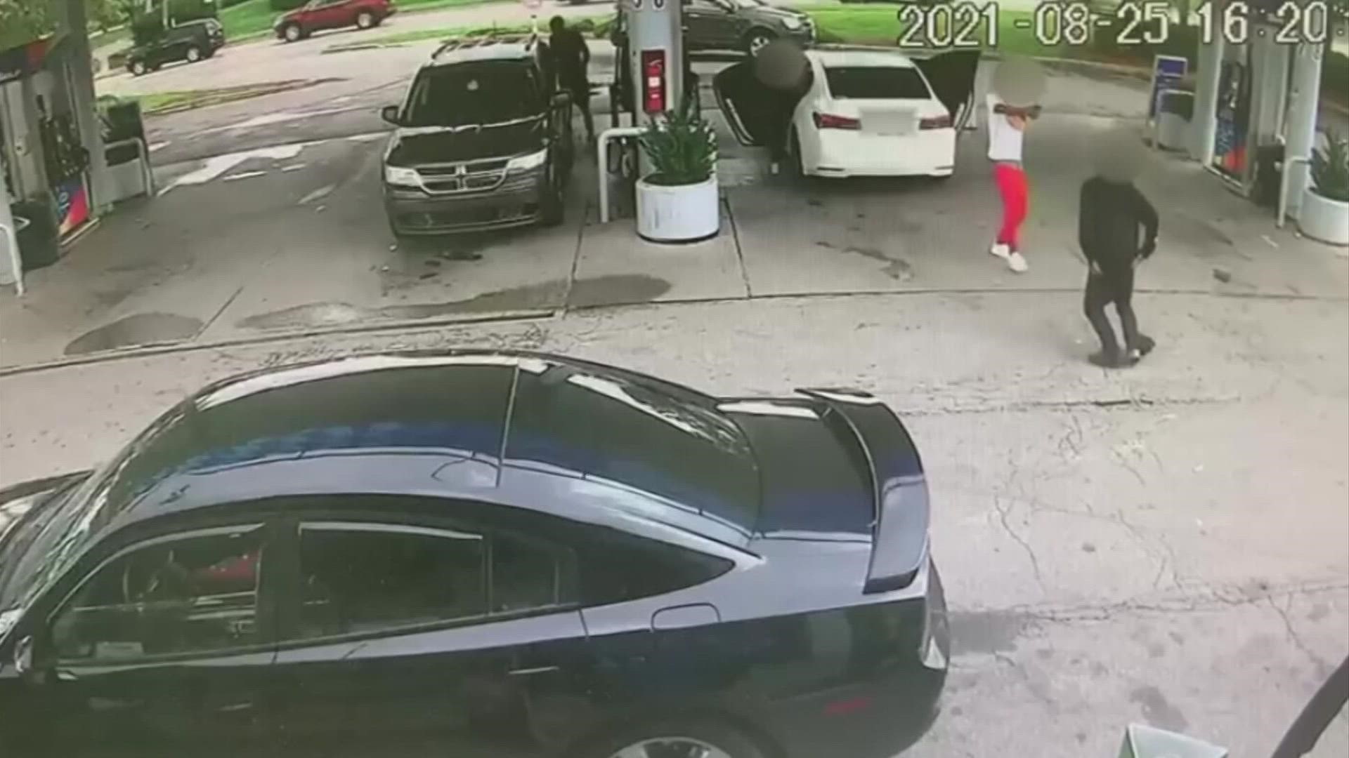 The video shows two teenagers getting outside of a vehicle at a gas station, with one teen shooting the other during a fight.