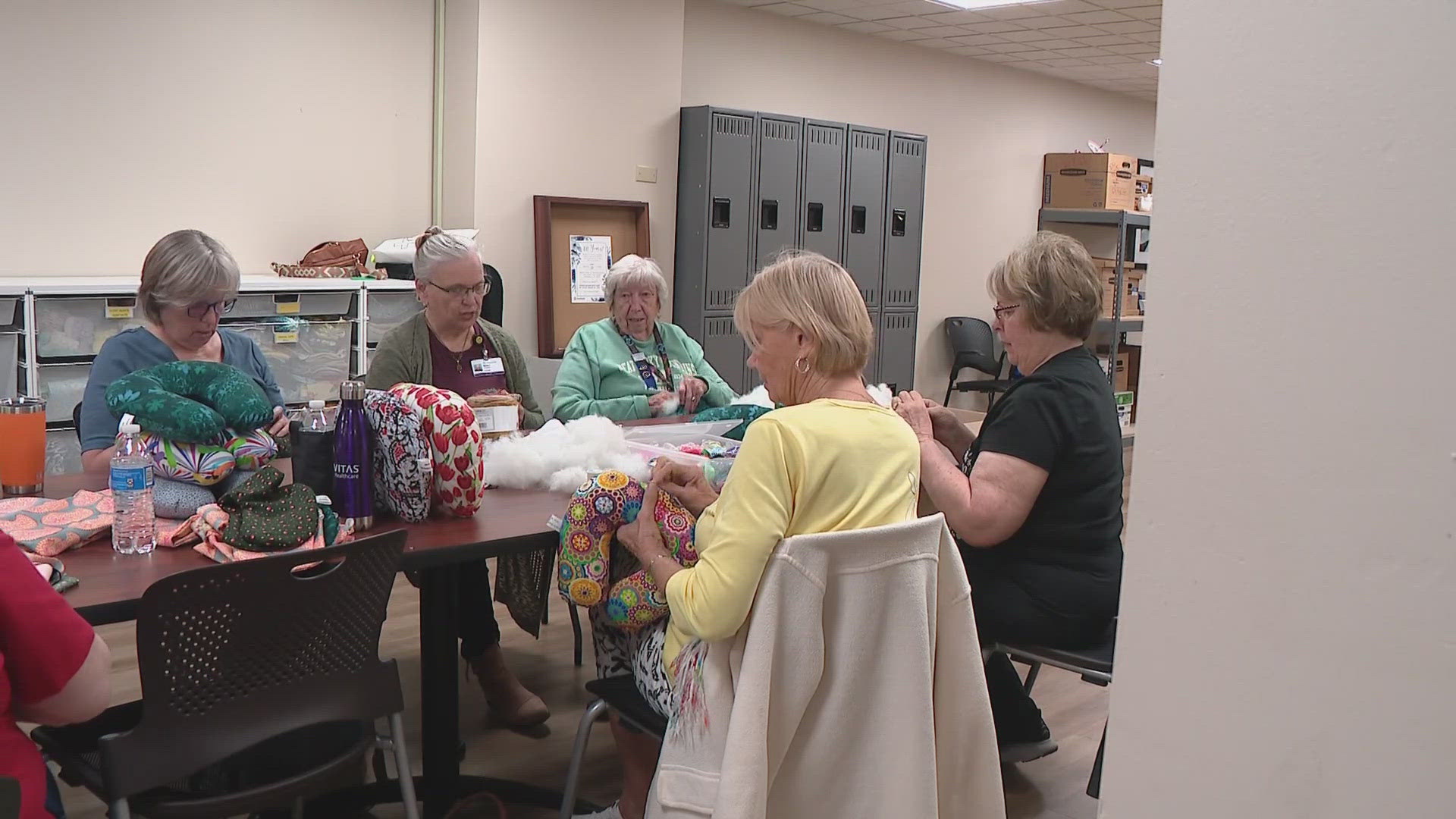 More than 100 members create stuffed animals, fleece blankets and neck pillows for patients at Riverside Methodist Hospital.
