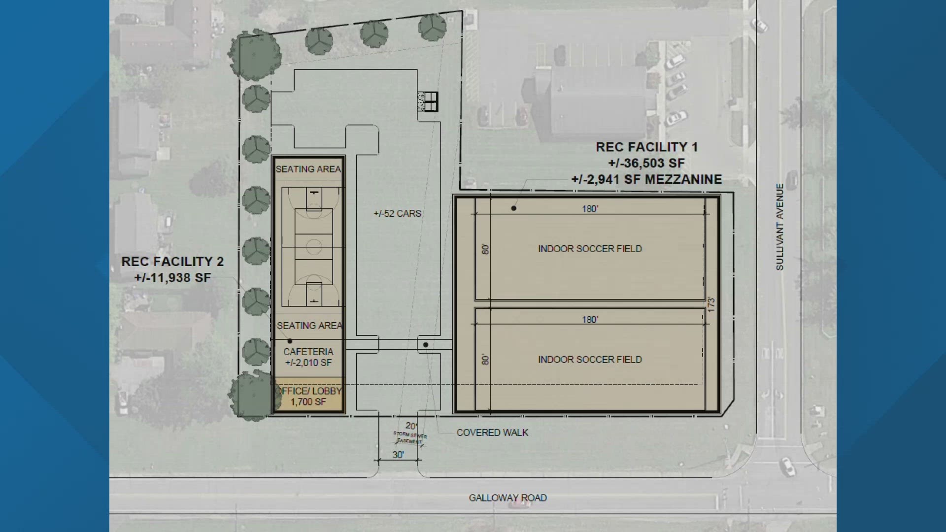 After construction, the building will have two indoor soccer fields, a lot for cars, a separate basketball facility, a cafeteria and an office.