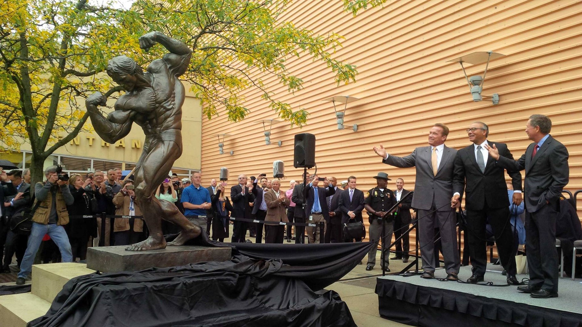 Arnold Schwarzenegger Statue Rededicated In Downtown Columbus