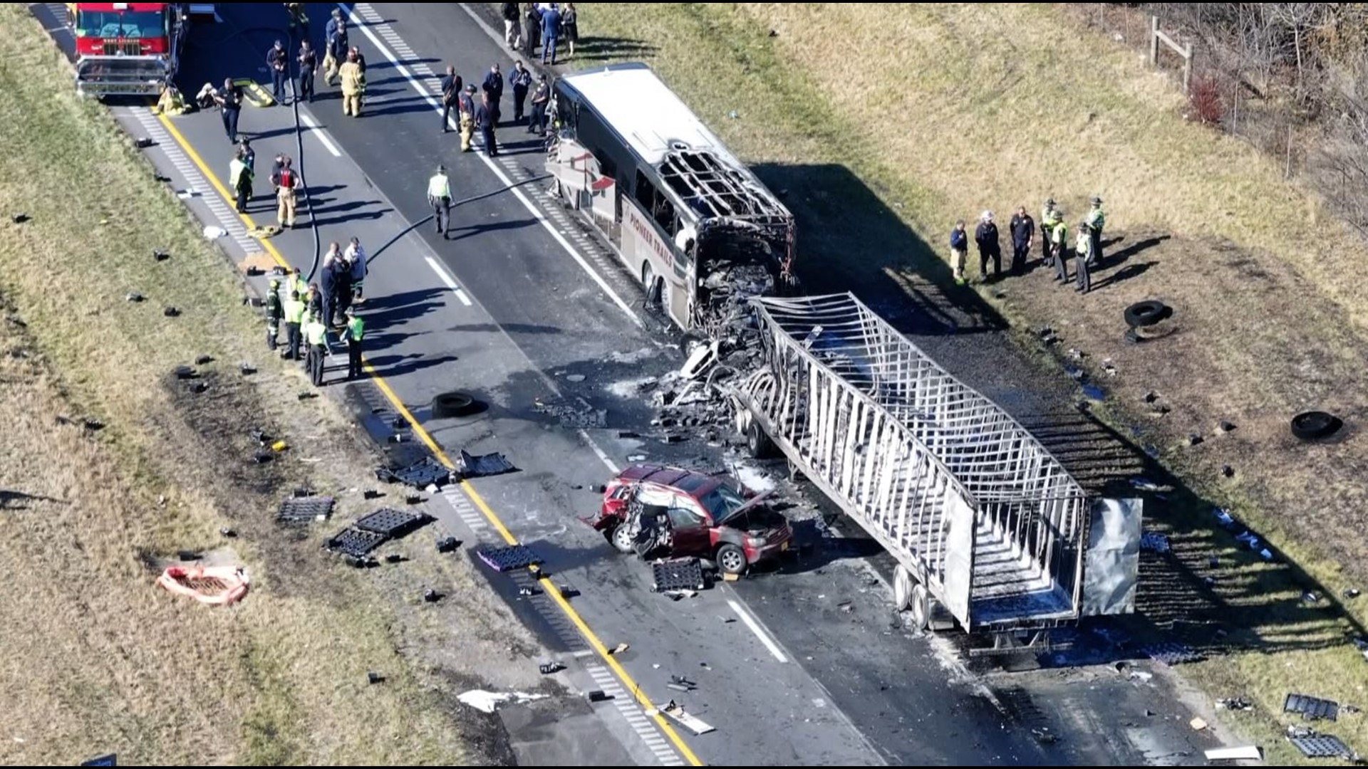 Deadly I70 Ohio crash Semi rearends bus carrying students