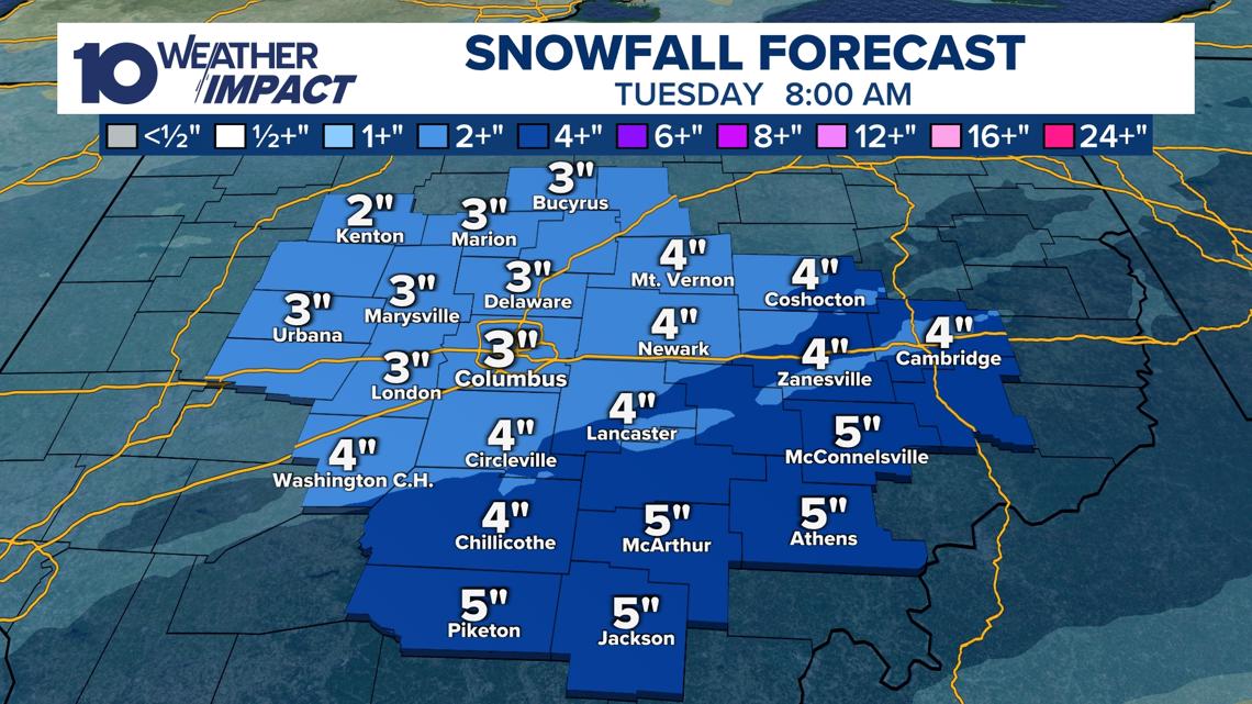 Central Ohio expected to see 2-5 inches of snow Tuesday morning