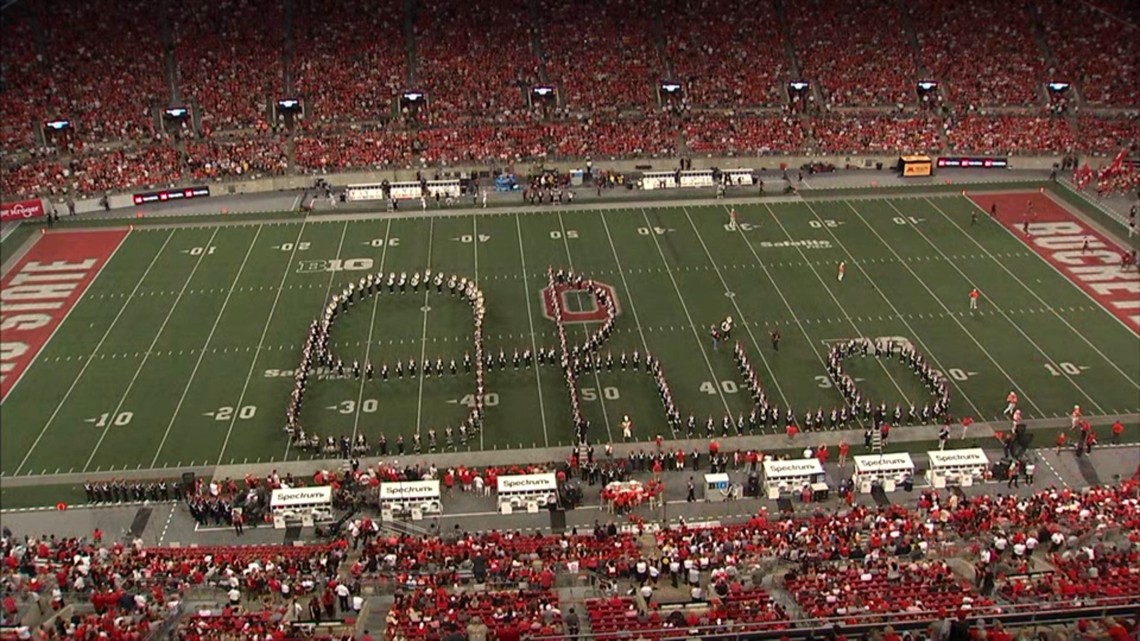 Ohio State Marching Band performs 'Script Ohio' at halftime during Minnesota game
