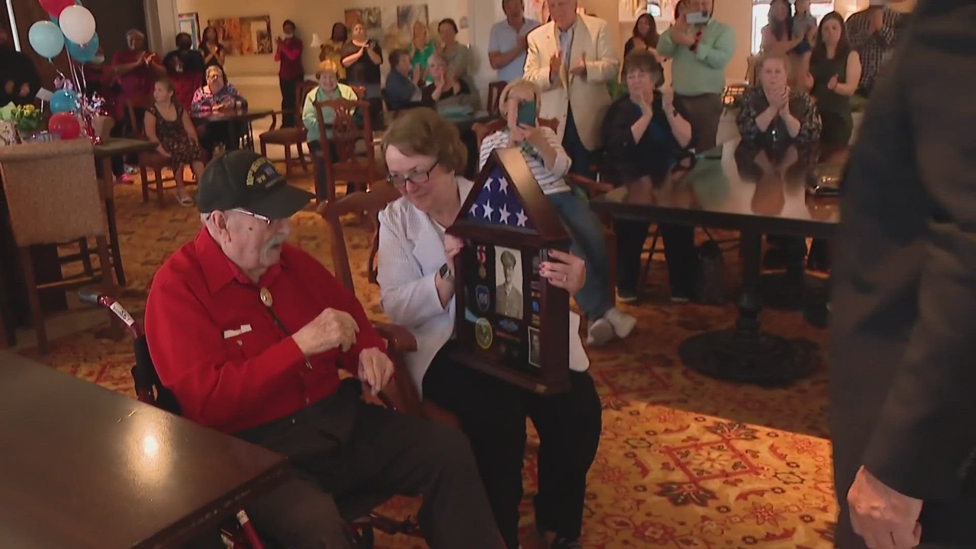 Ernie Rodgers was celebrated for his service, and his birthday, this week and was surprised with a shadow box of all his military medals by the VFW Westerville Post.