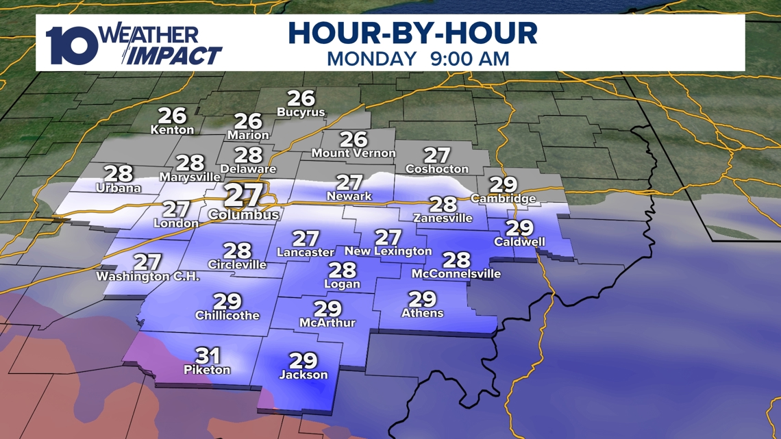 Snow and wintry mix could lead to a slow Monday morning commute in central Ohio