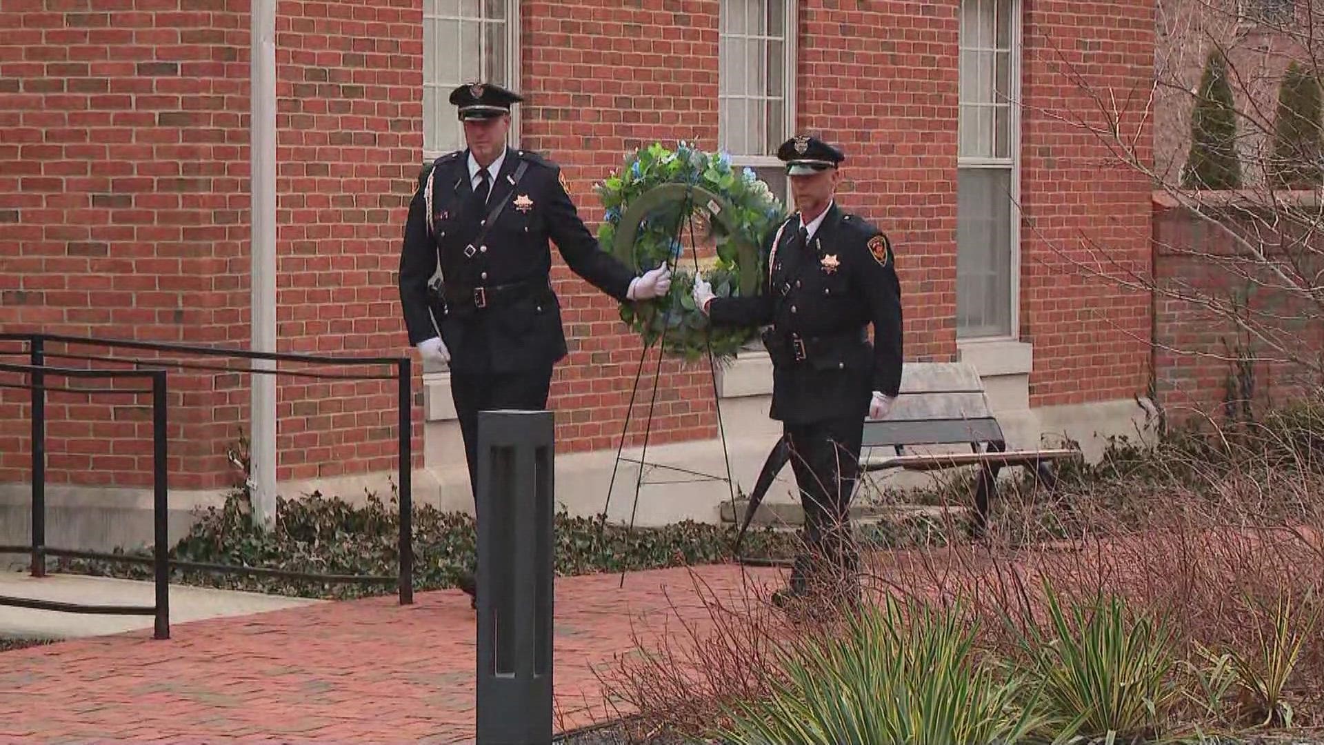 This afternoon, the Westerville Police Honor Guard placed a wreath near the the commemorative plaques for officers Anthony Morelli and Eric Joering.