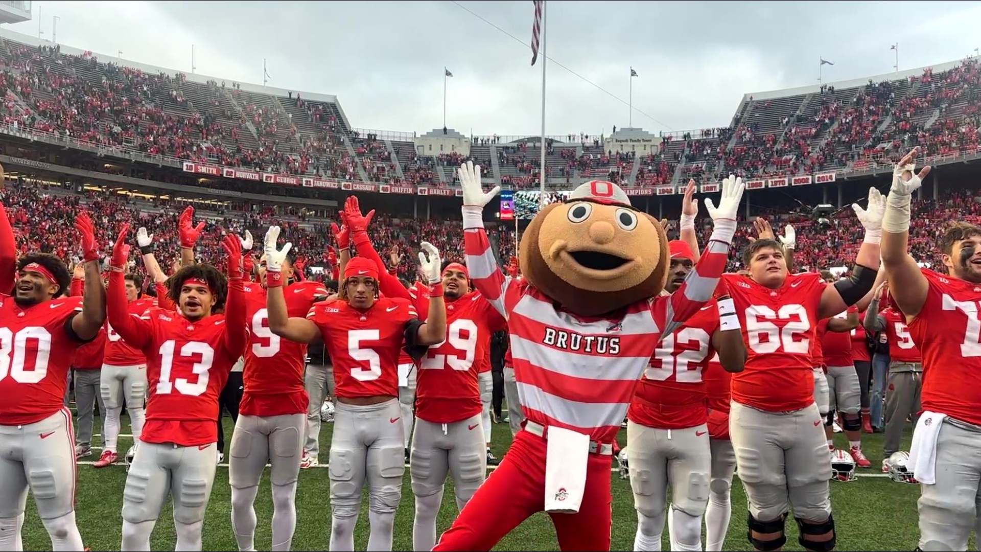 The Ohio State Buckeyes join the band in the south end of the 'Shoe for "Carmen Ohio" after their 38-15 win over Indiana.