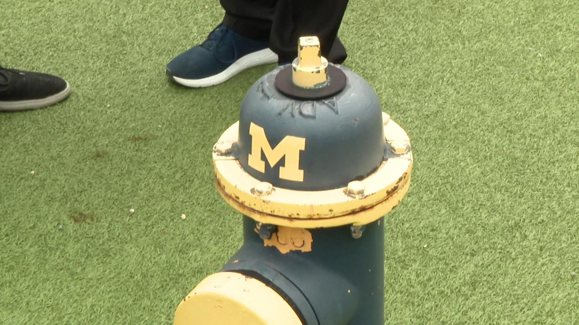 The dogs at the Ohio State veterinary college enjoy using the Michigan-themed fire hydrant.