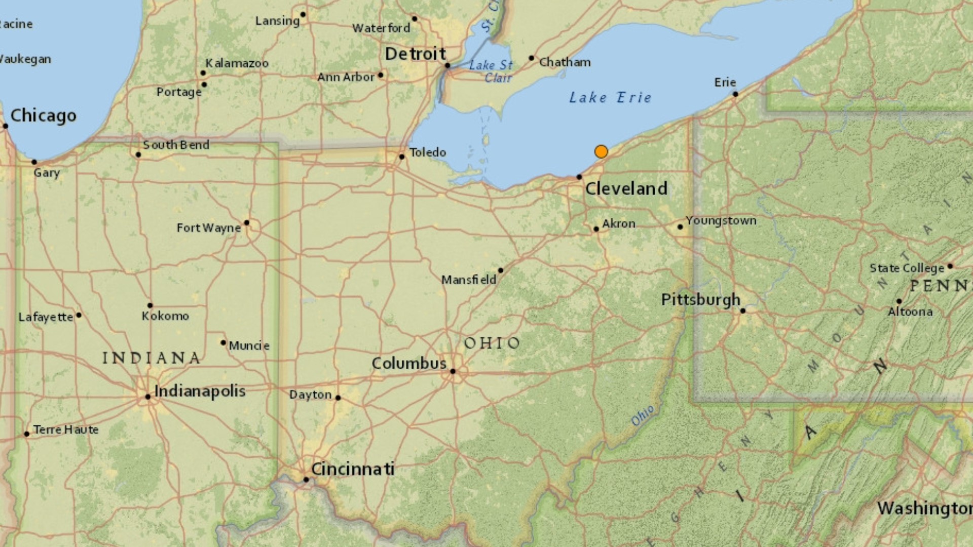 The earthquake was reported roughly 3 kilometers northwest of Timberlake, near the edge of Lake Erie.