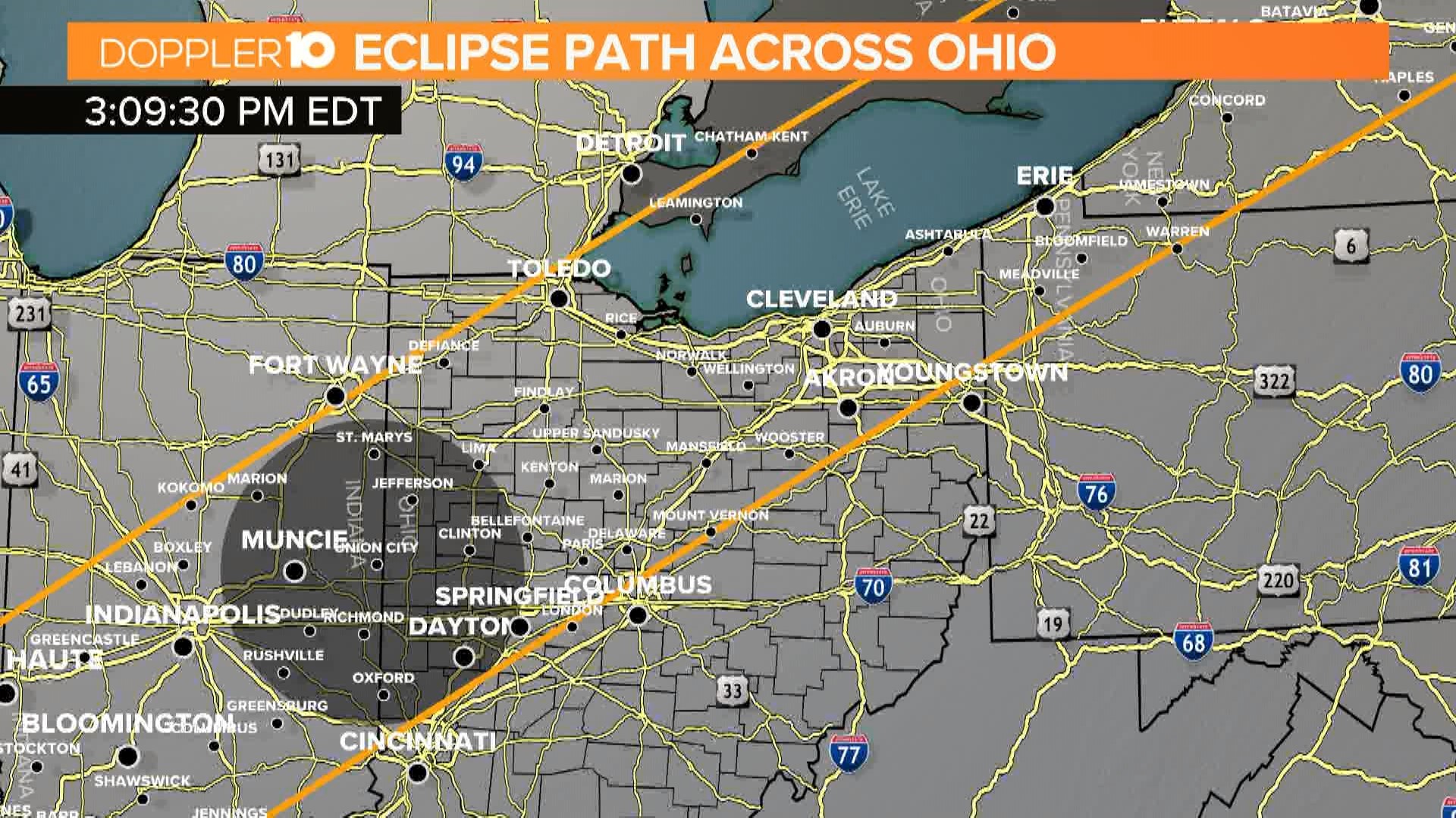 While the path of totality covers much of northern Ohio, areas of central Ohio may be able to catch the brief moments of total darkness.