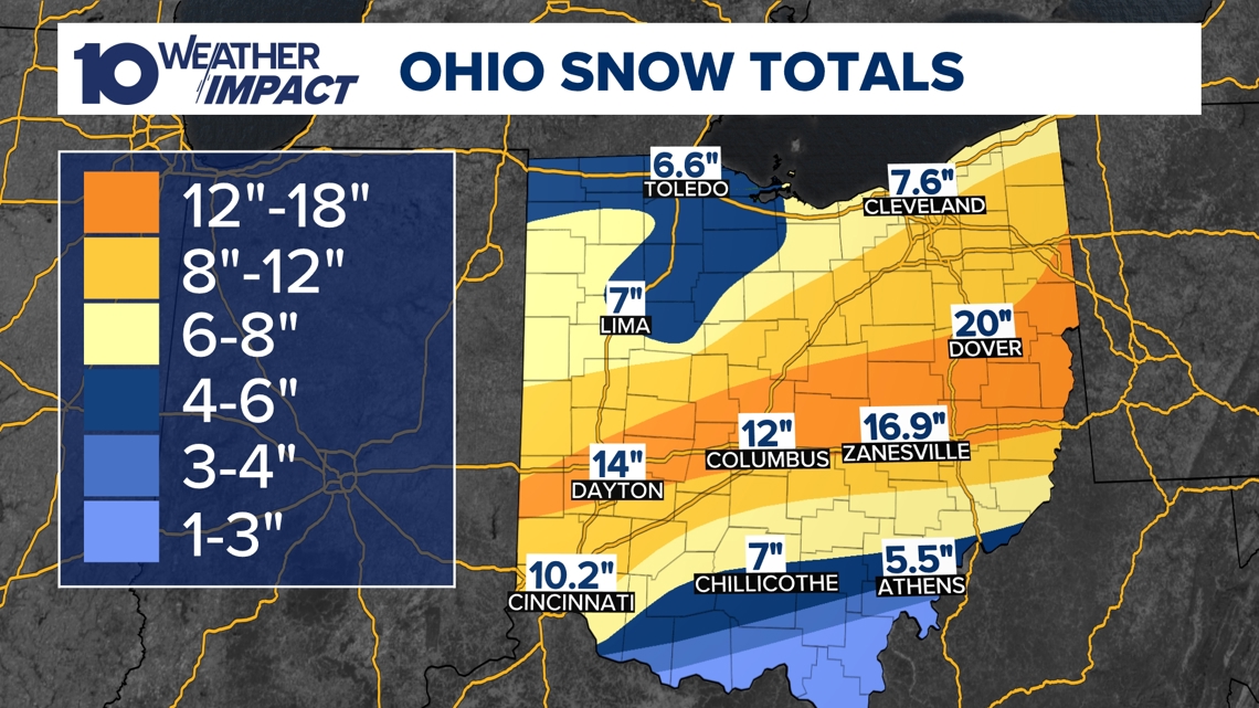 Snowfall totals around central Ohio from the winter storm January 24 & 25, 2026.