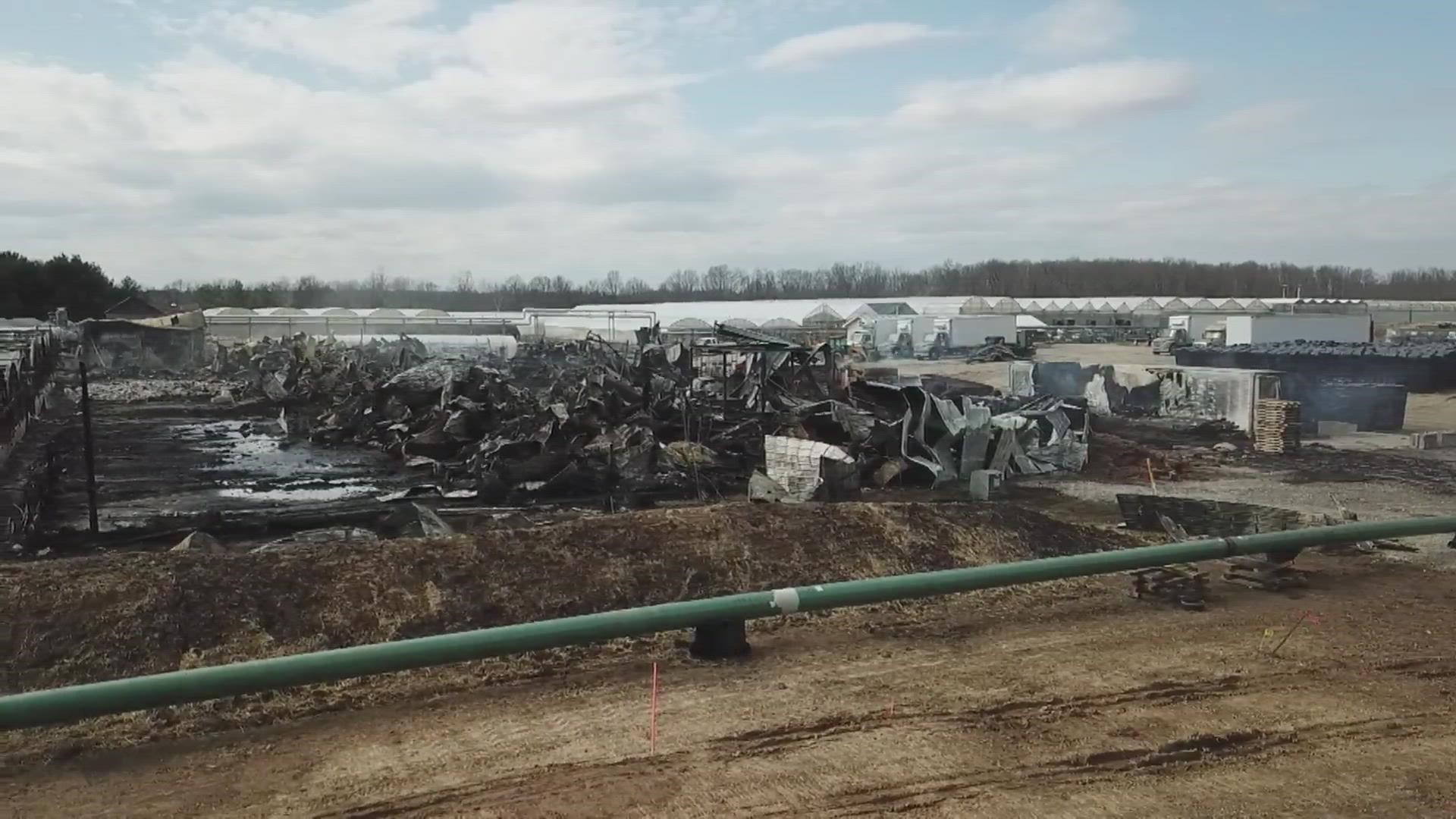The owner of central Ohio's largest tree farm has vowed to rebuild in the wake of a large fire that ripped through the property Tuesday morning.