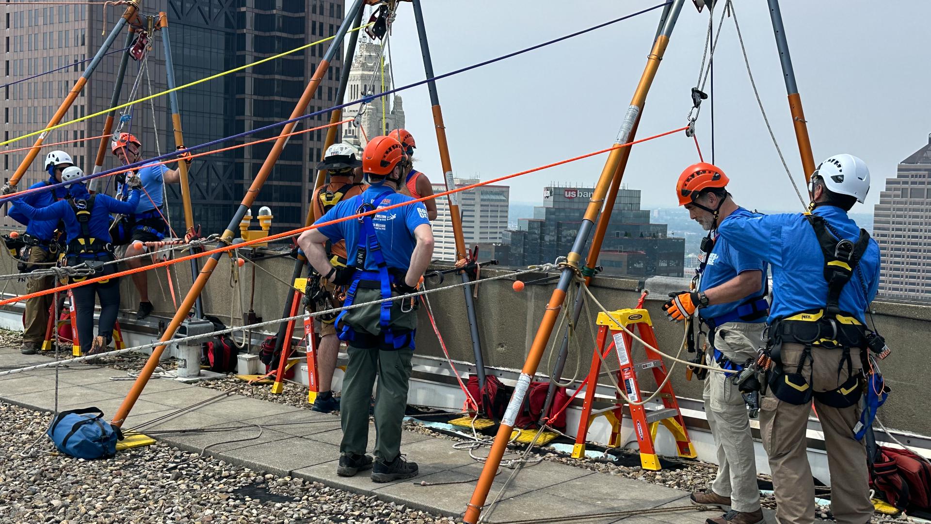 Brave volunteers on Friday plunged more than 330 feet from the top of a building in downtown Columbus to support child survivors of sex trafficking in Ohio.