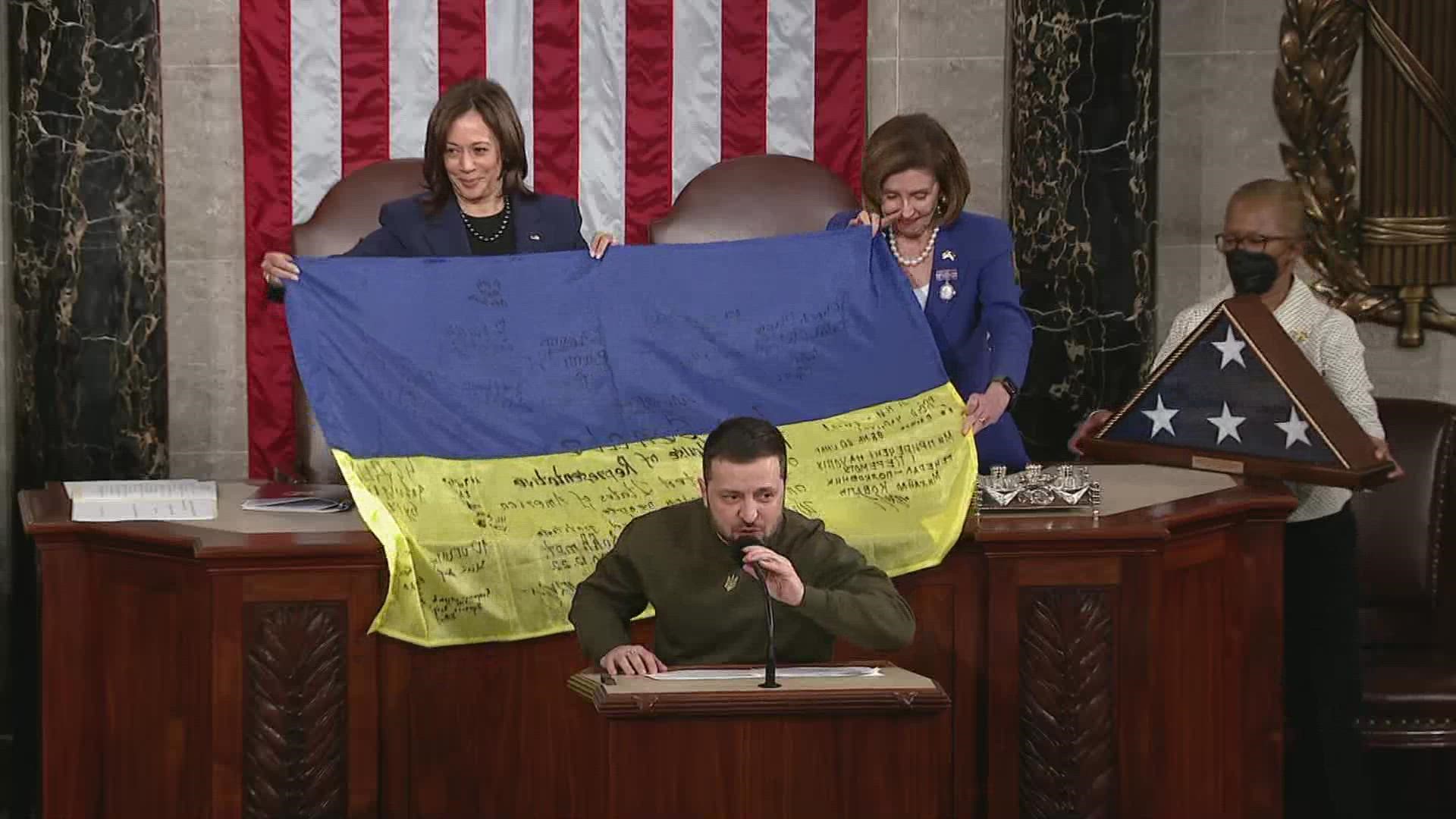 Ukrainian President Volodymyr Zelenskyy gave an address to Congress, which Vice President Kamala Harris attended.