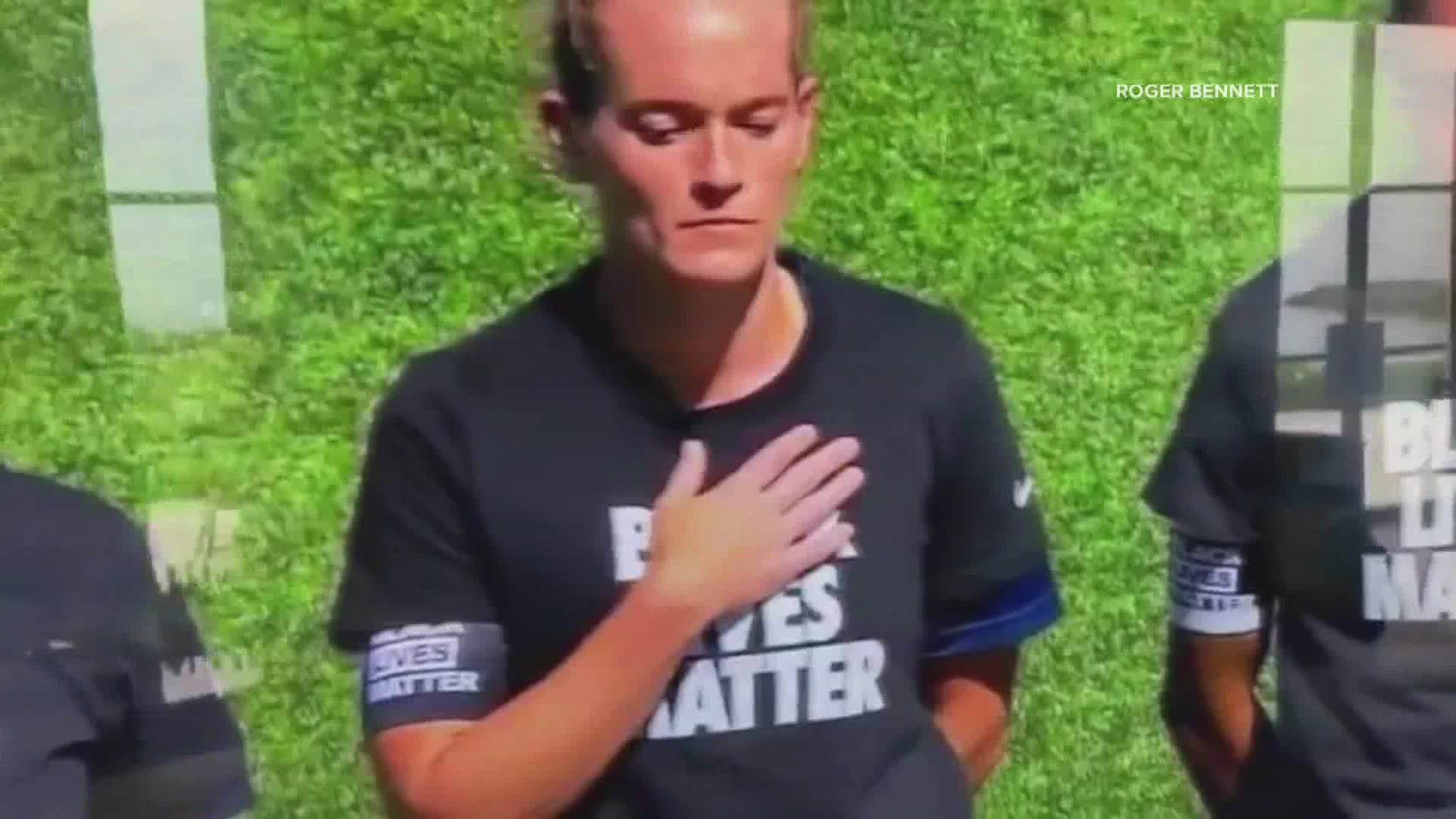 Players for the Portland Thorns and the North Carolina Courage knelt during the national anthem Saturday.