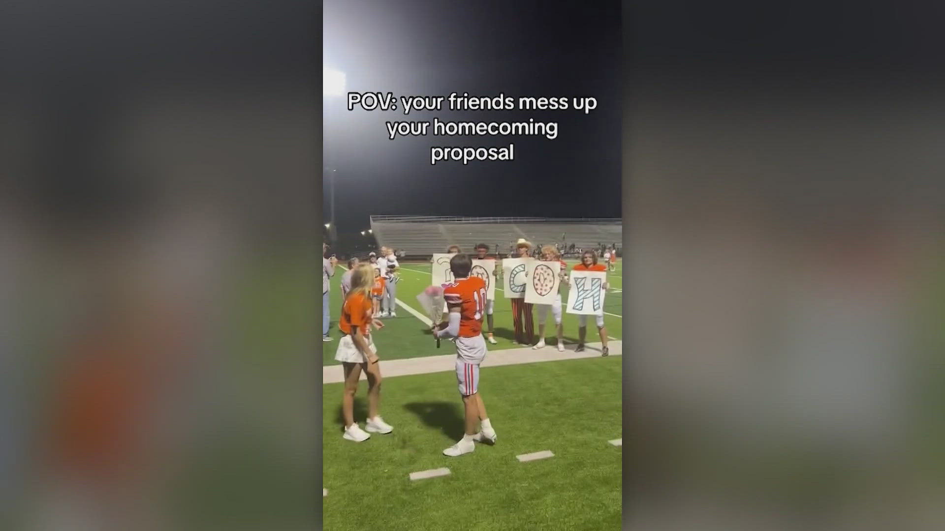 A Rockwall football player wanted to make the most of his homecoming proposal, but his friends missed the mark, holding the signs backward.