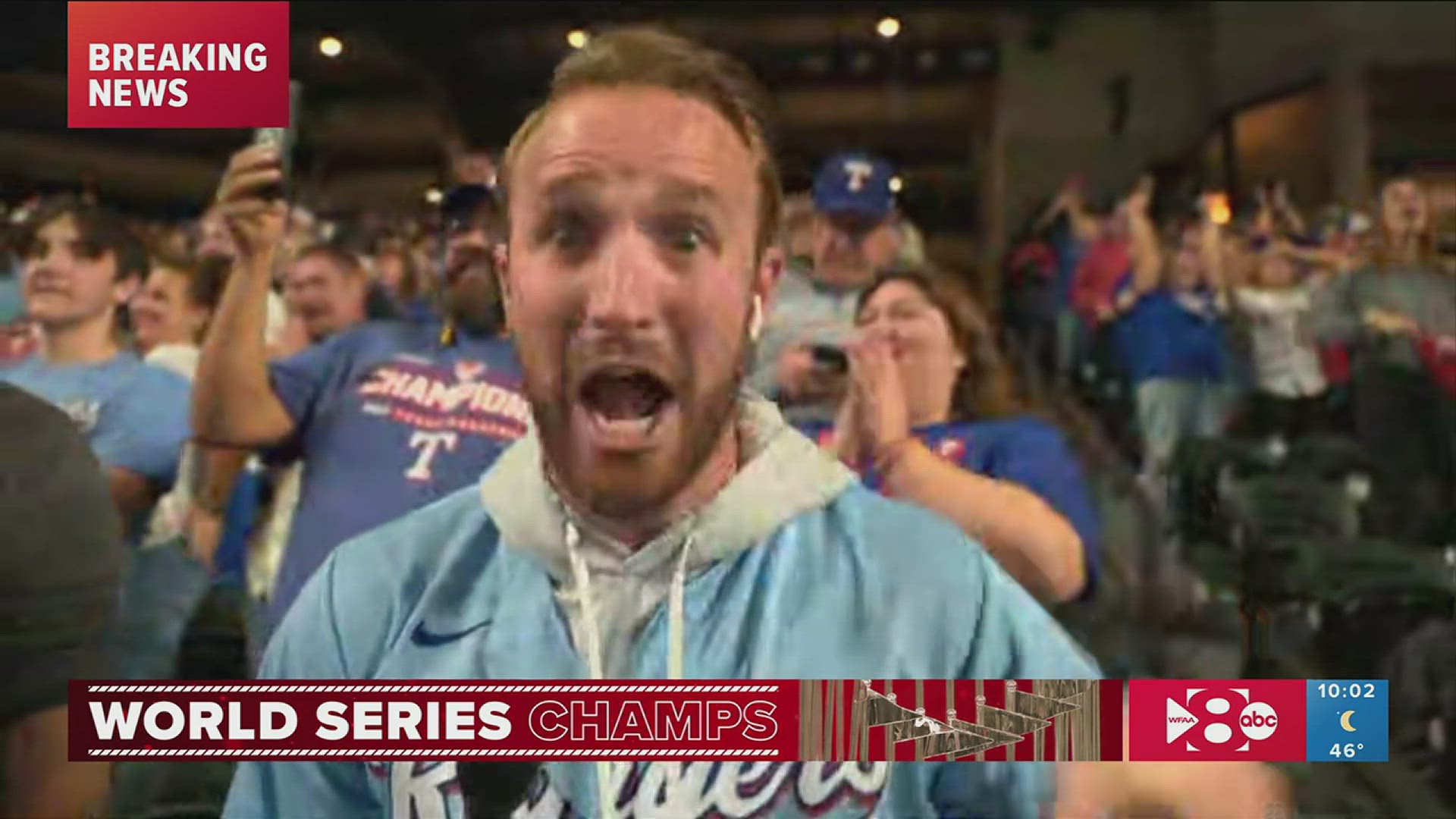 WFAA's Matt Howerton reports live with Texas Rangers fans after the 2023 World Series win.