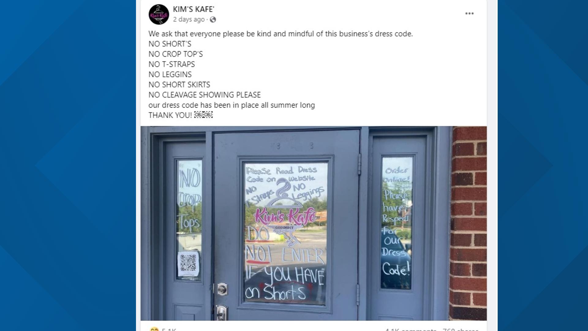 The dress code at Kim's Kafe in Greensboro is going viral for its guidelines.