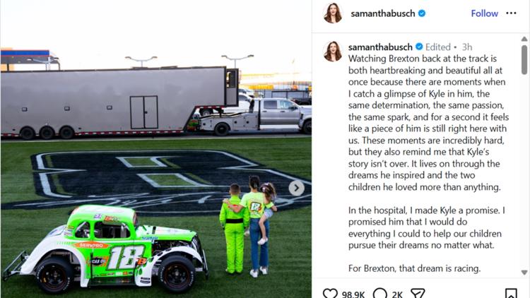 'We race on': Samantha Busch shares post about son's return to racing month after Kyle Busch's death