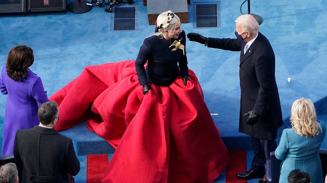 lady gaga national anthem dress performs on Inauguration Day menu: sequin